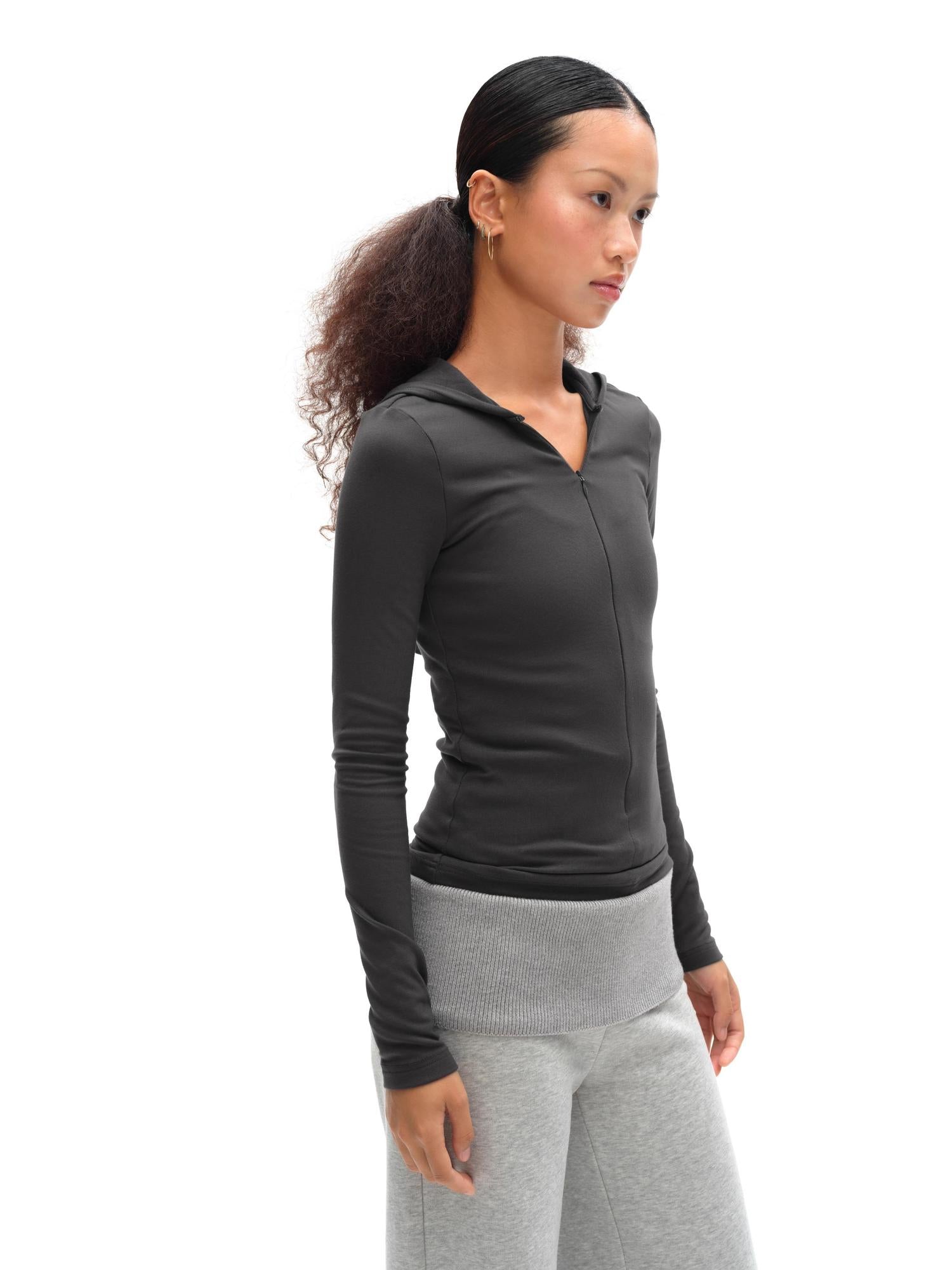 oinimi V-Neck Hooded Adjustable Fleece-Lined Slim Fit Top