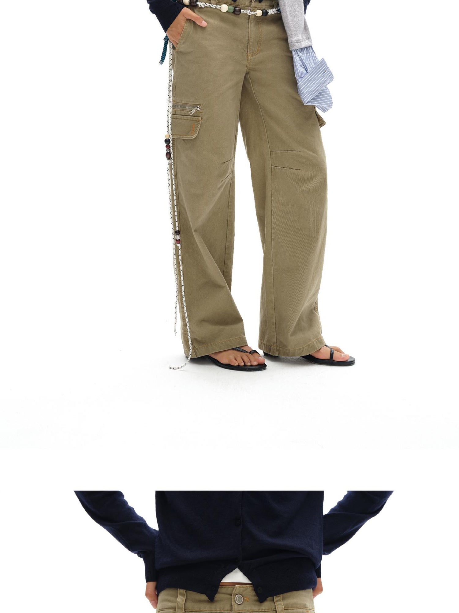oinimi Vintage Khaki Multi Pocket Work Pants Low Rise Relaxed Fit Women Trousers