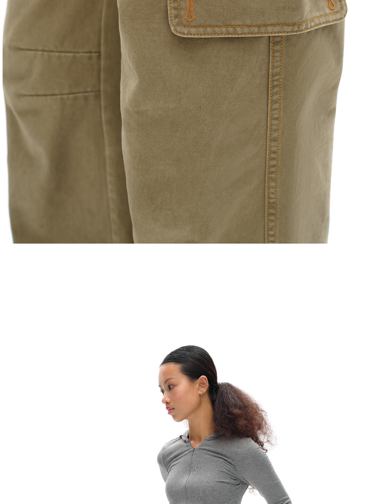 oinimi Vintage Khaki Multi Pocket Work Pants Low Rise Relaxed Fit Women Trousers