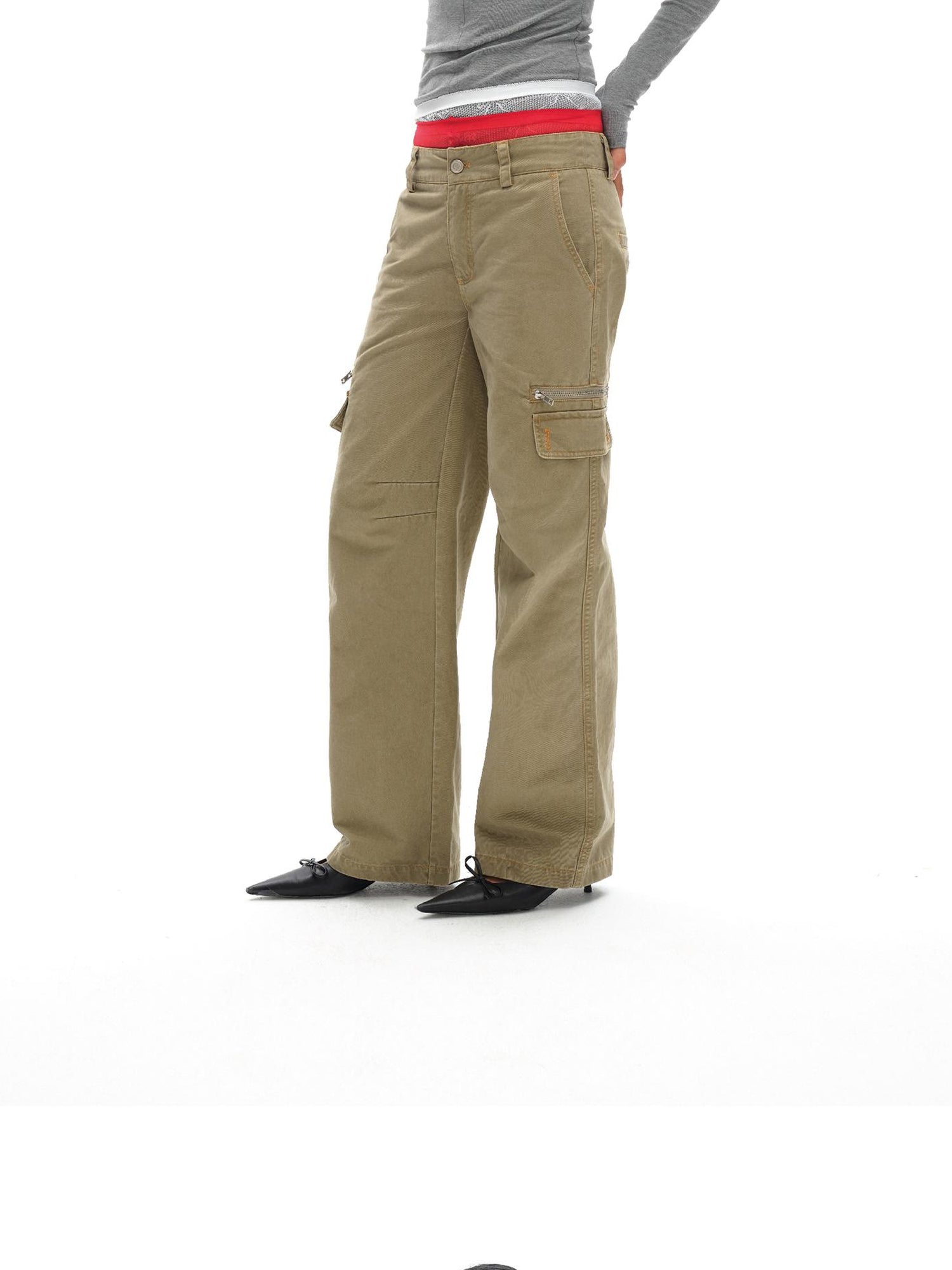 oinimi Vintage Khaki Multi Pocket Work Pants Low Rise Relaxed Fit Women Trousers