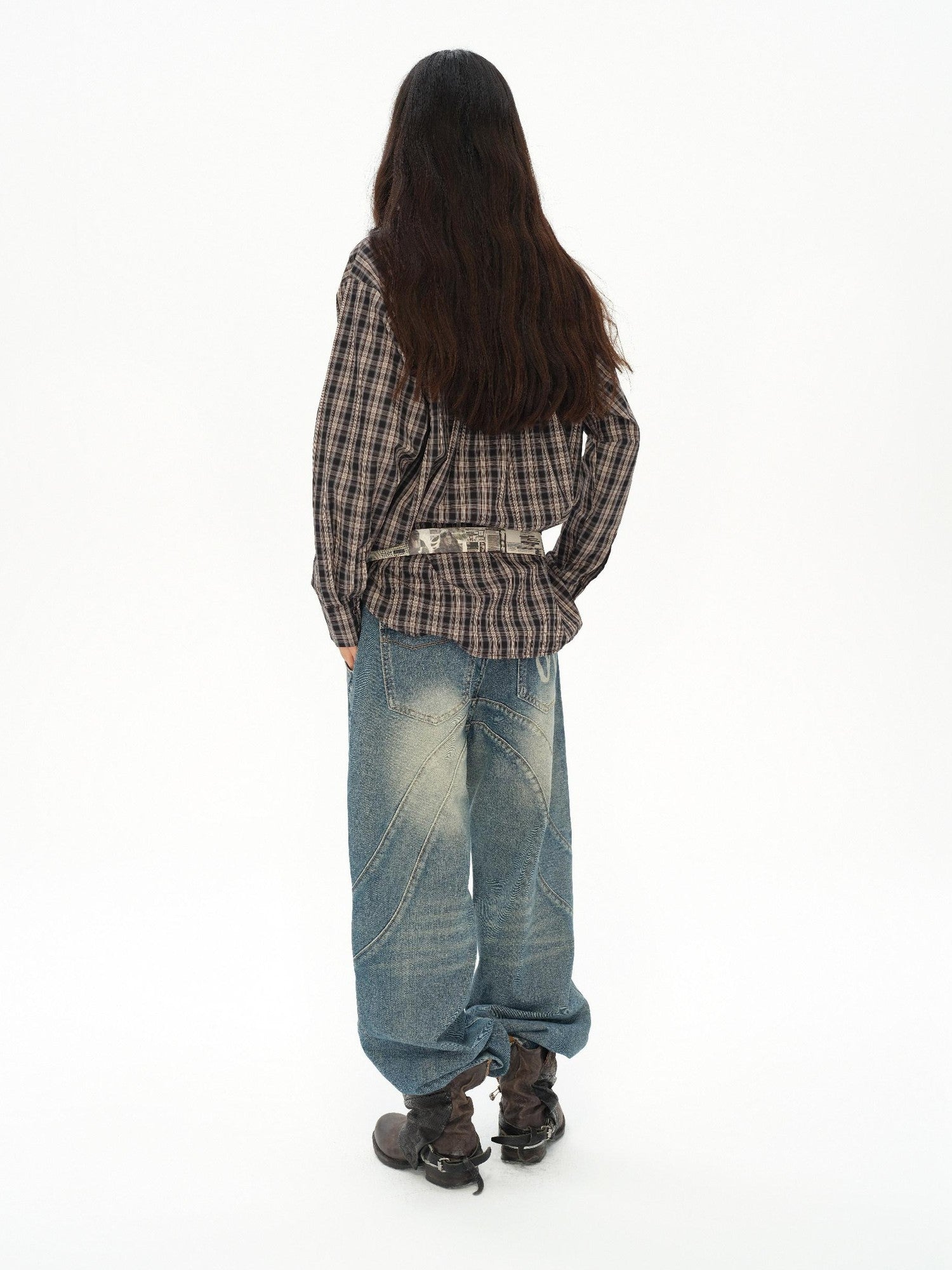 oinimi Vintage Knight Lace Up Embroidered Plaid Women&