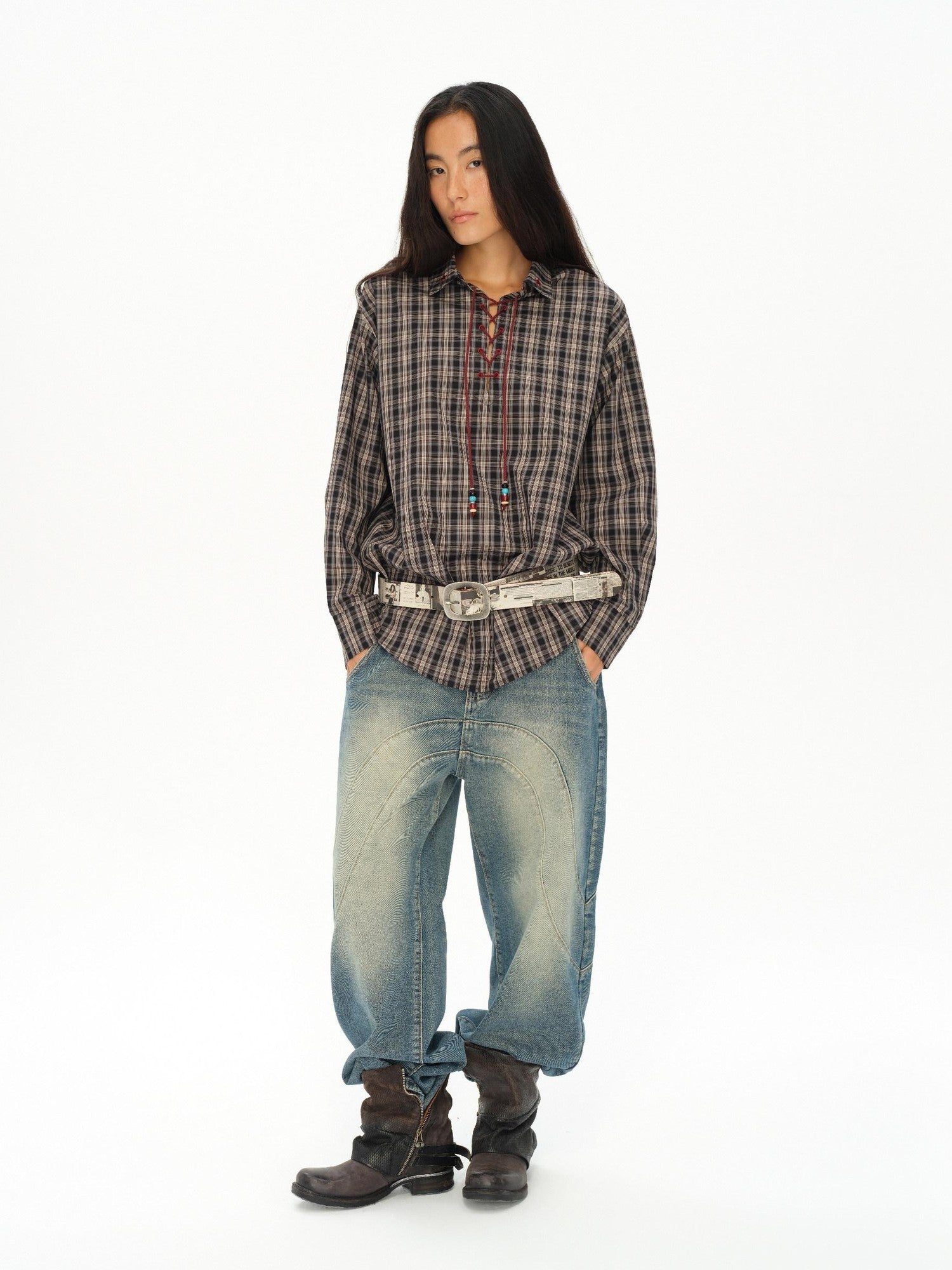 oinimi Vintage Knight Lace Up Embroidered Plaid Women&