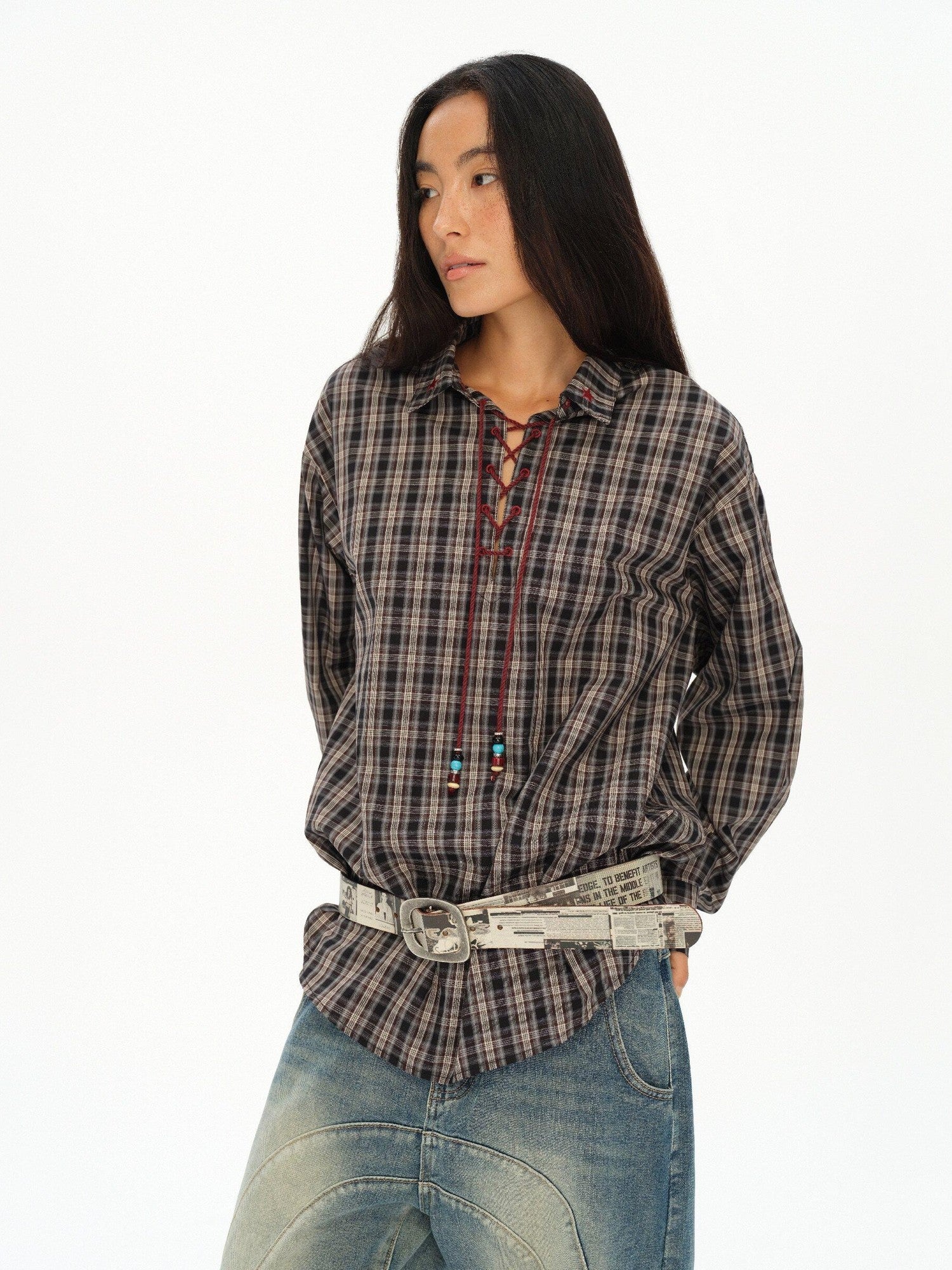 oinimi Vintage Knight Lace Up Embroidered Plaid Women&