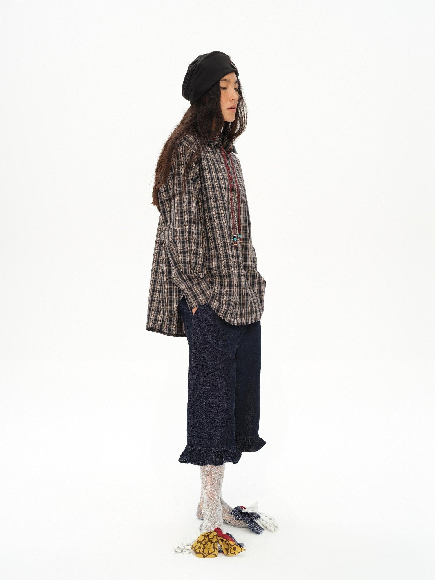 oinimi Vintage Knight Lace Up Embroidered Plaid Women&