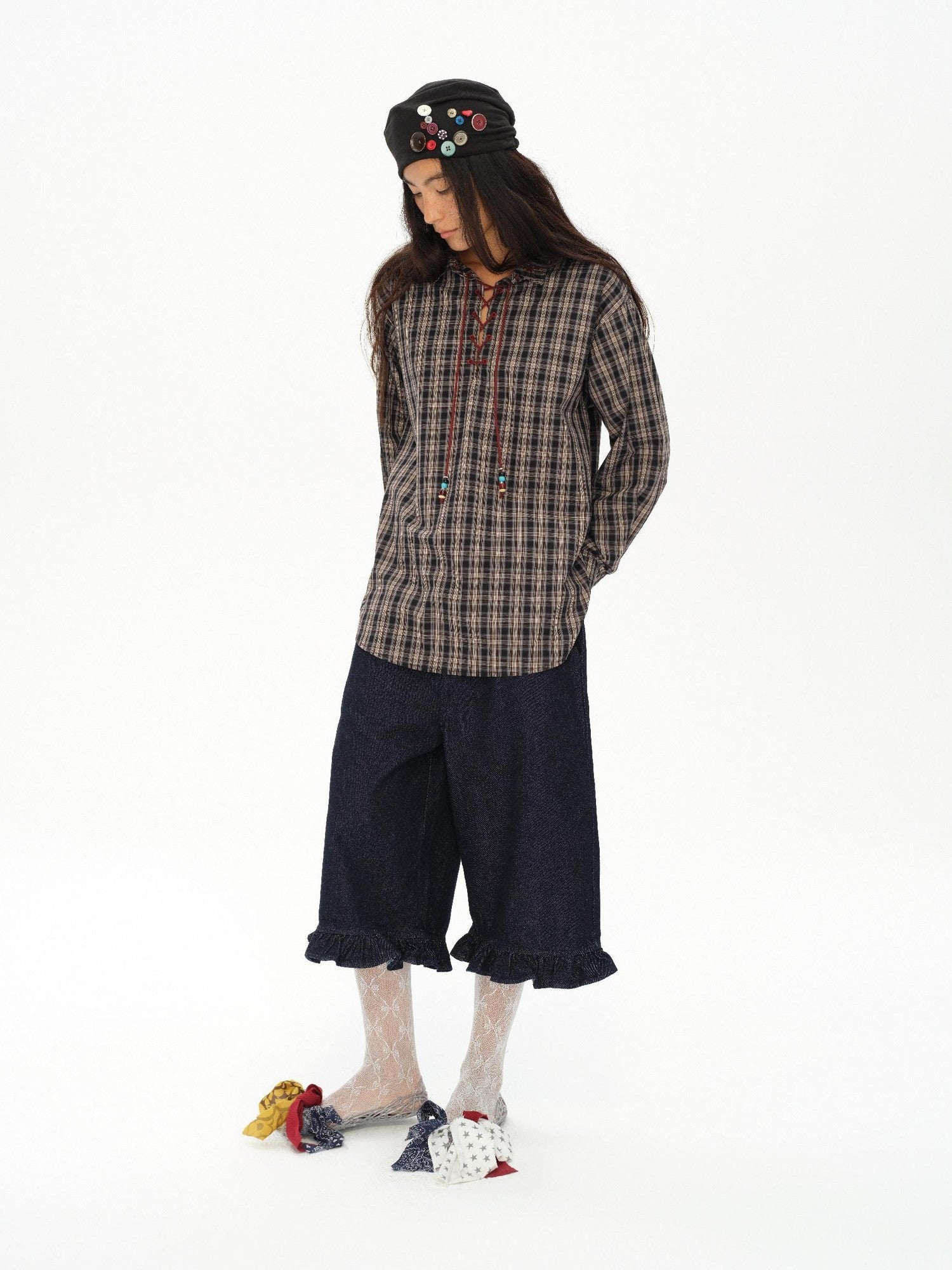 oinimi Vintage Knight Lace Up Embroidered Plaid Women&