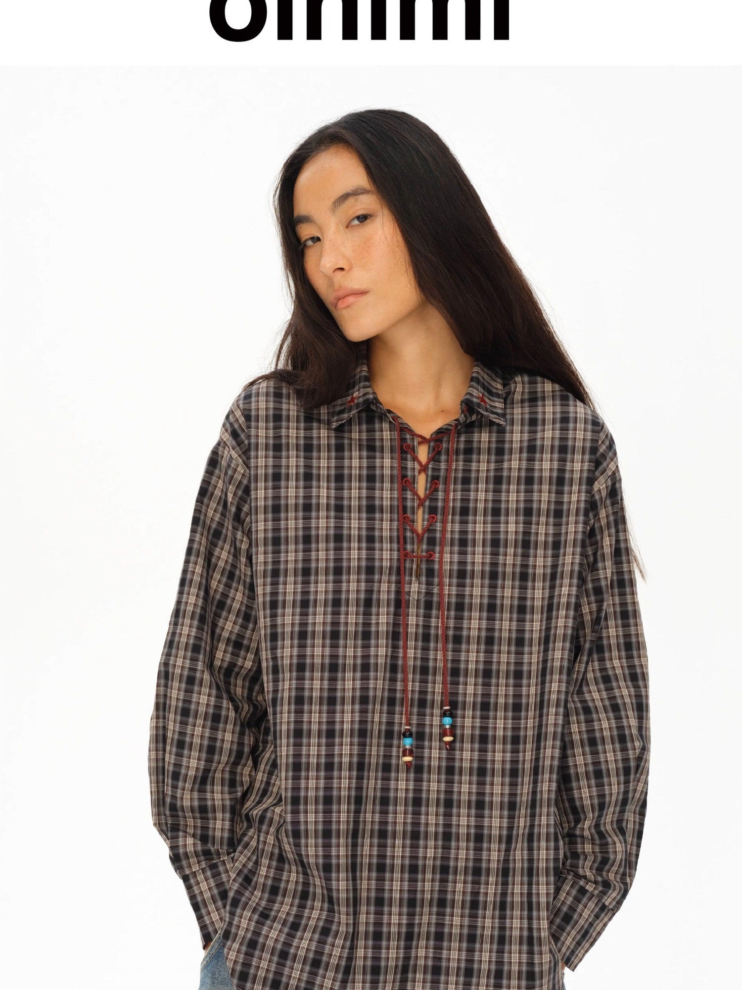 oinimi Vintage Knight Lace Up Embroidered Plaid Women&