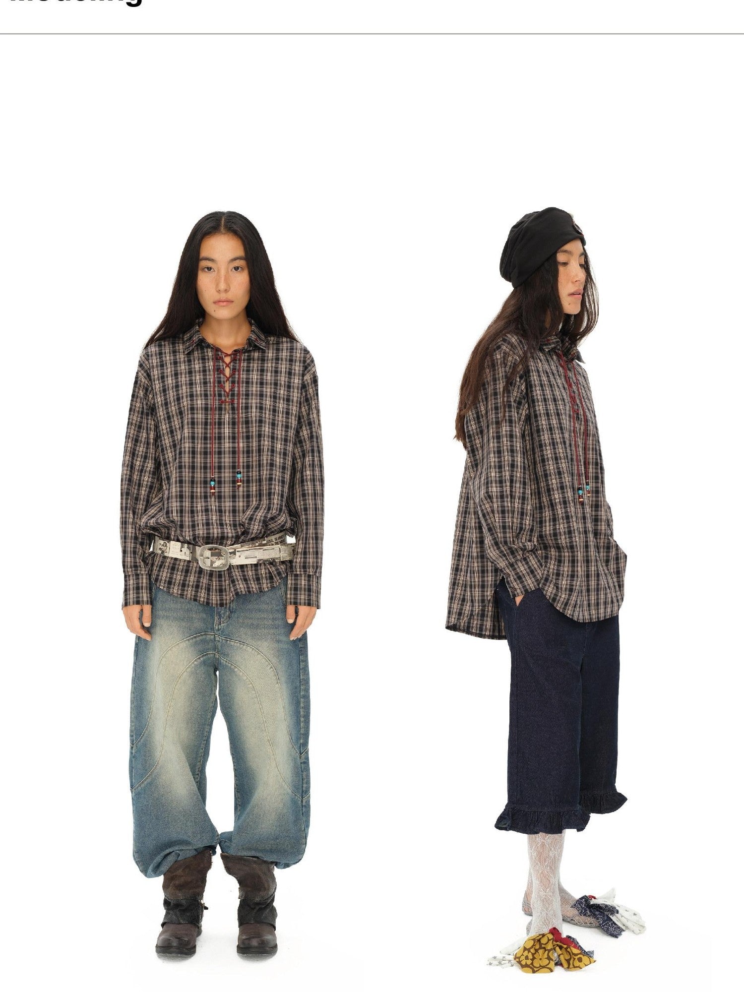 oinimi Vintage Knight Lace Up Embroidered Plaid Women&