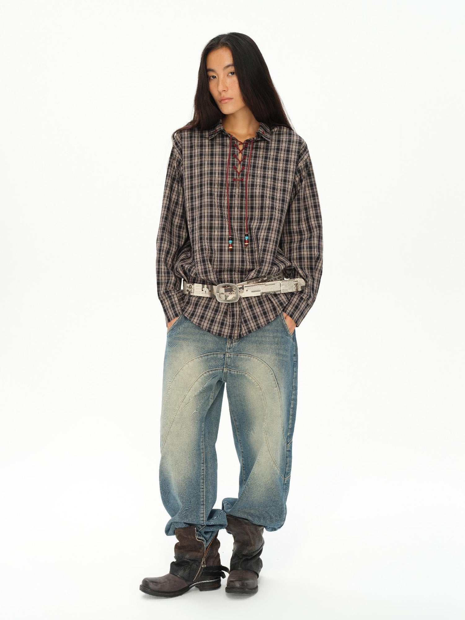 oinimi Vintage Knight Tartan Embroidered Shirt Loose Fit Plaid Top