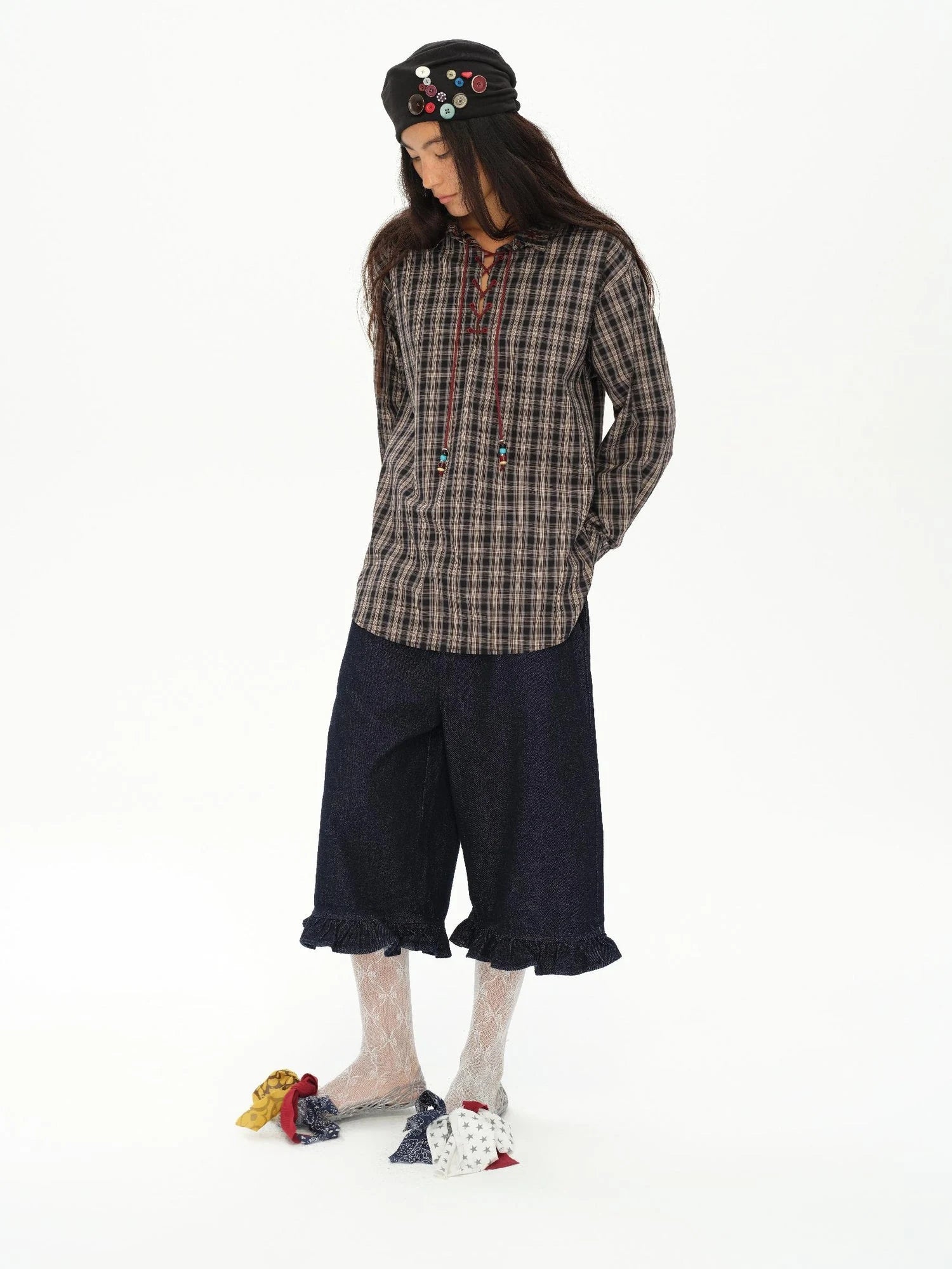 Vintage Knight Tartan Embroidered Shirt Loose Fit Plaid Top