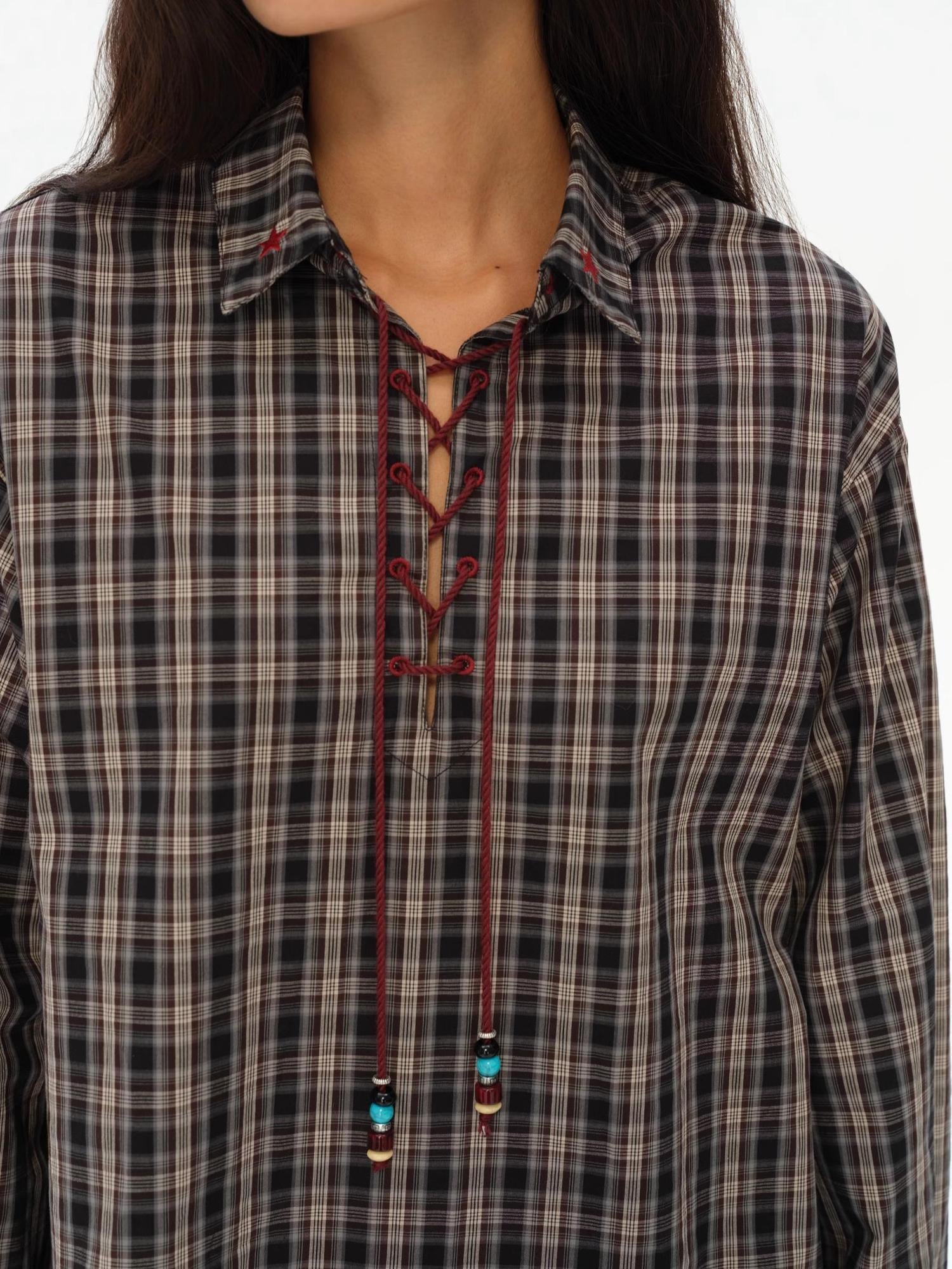oinimi Vintage Knight Tartan Embroidered Shirt Loose Fit Plaid Top