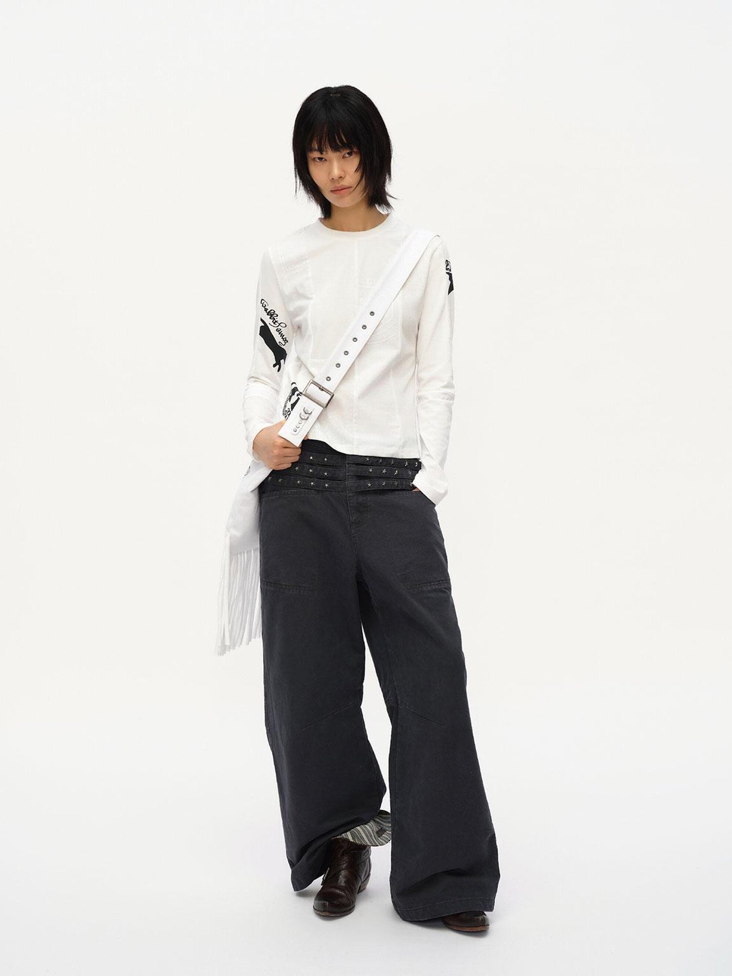 oinimi Vintage Star Track Studded Wide Leg Cargo Pants
