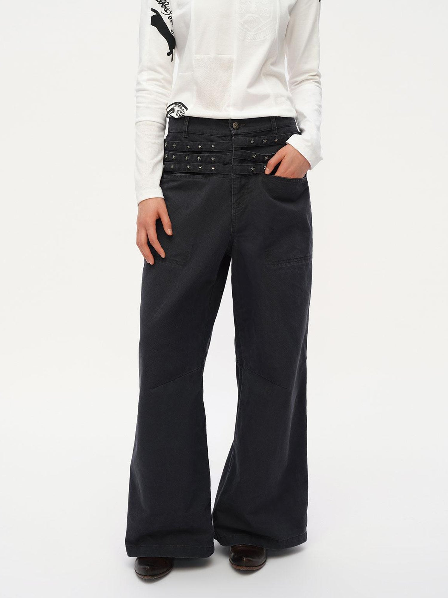 oinimi Vintage Star Track Studded Wide Leg Cargo Pants