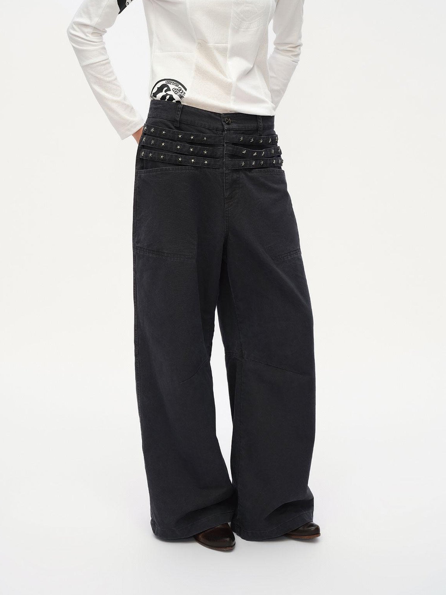 oinimi Vintage Star Track Studded Wide Leg Cargo Pants