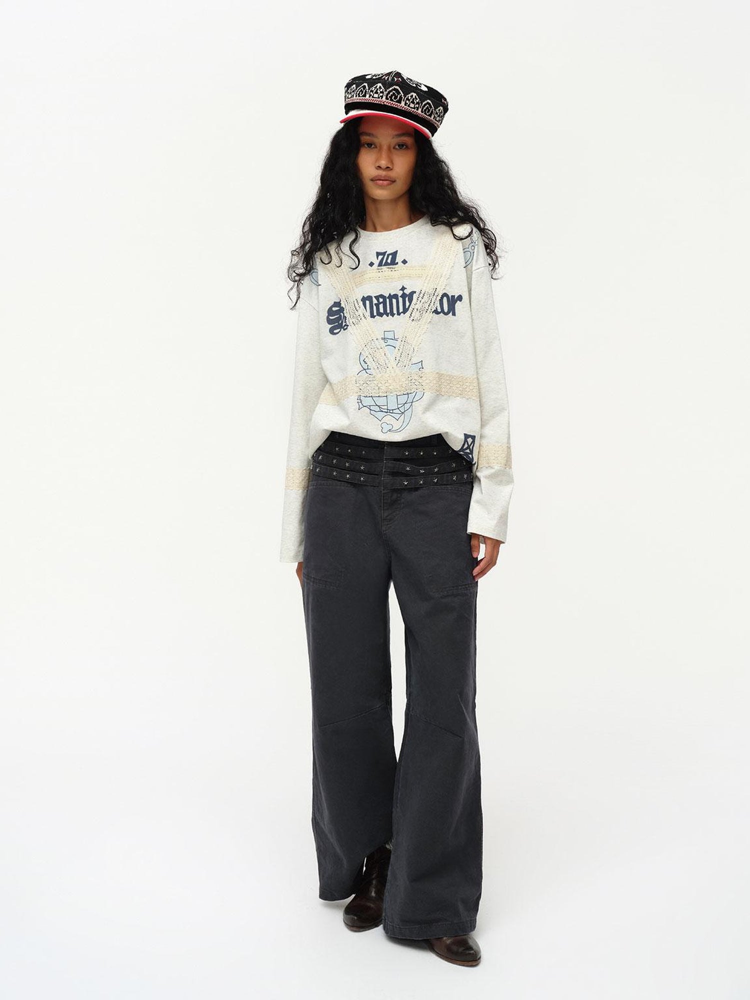 oinimi Vintage Star Track Studded Wide Leg Cargo Pants