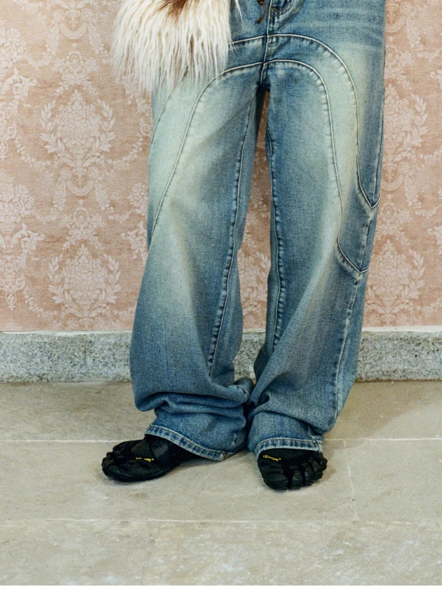 Vintage Wash Split Hem Denim Jeans Mid Low Rise Relaxed Straight