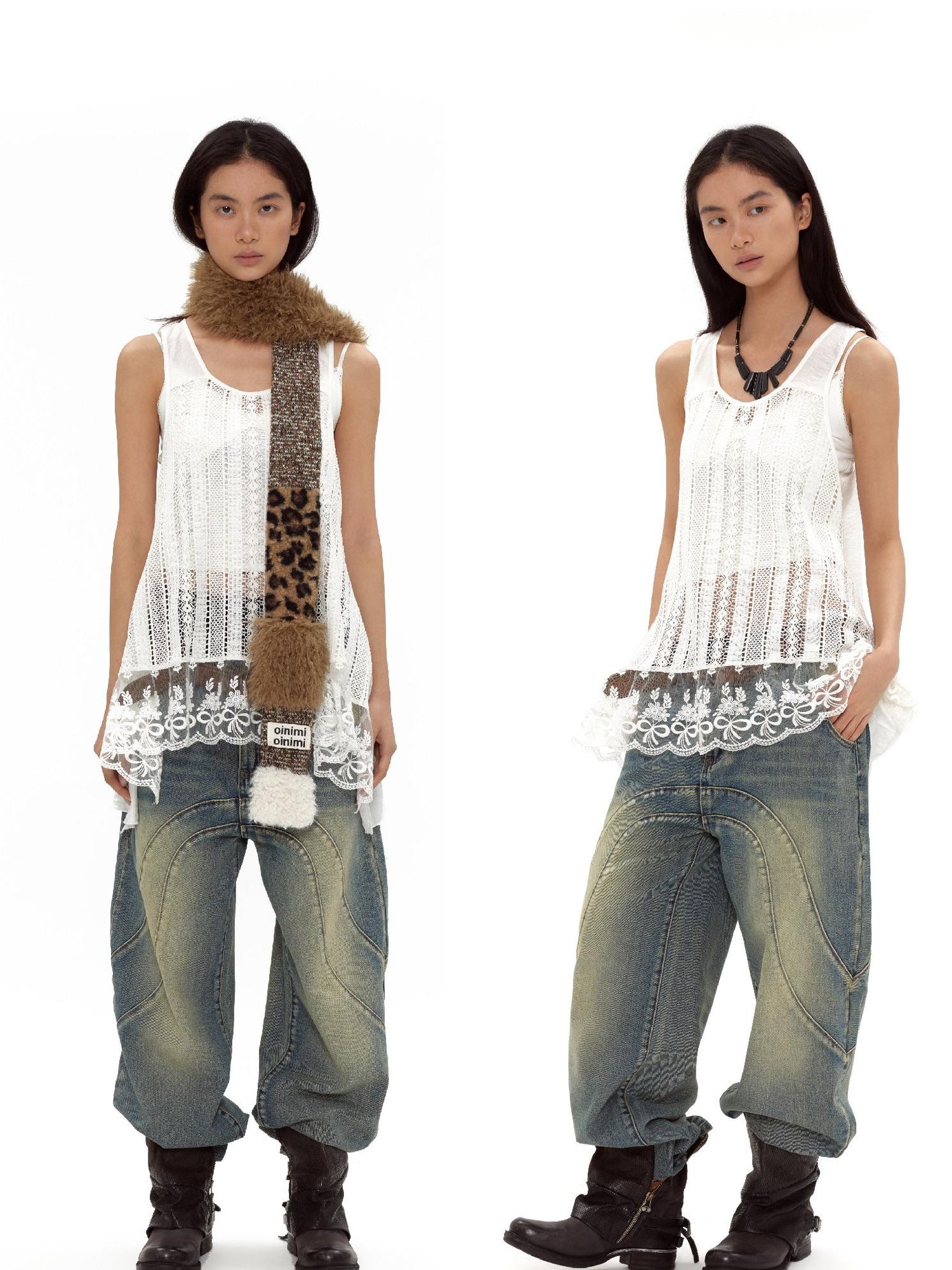 oinimi Vintage Wash Split Hem Denim Jeans Mid Low Rise Relaxed Straight