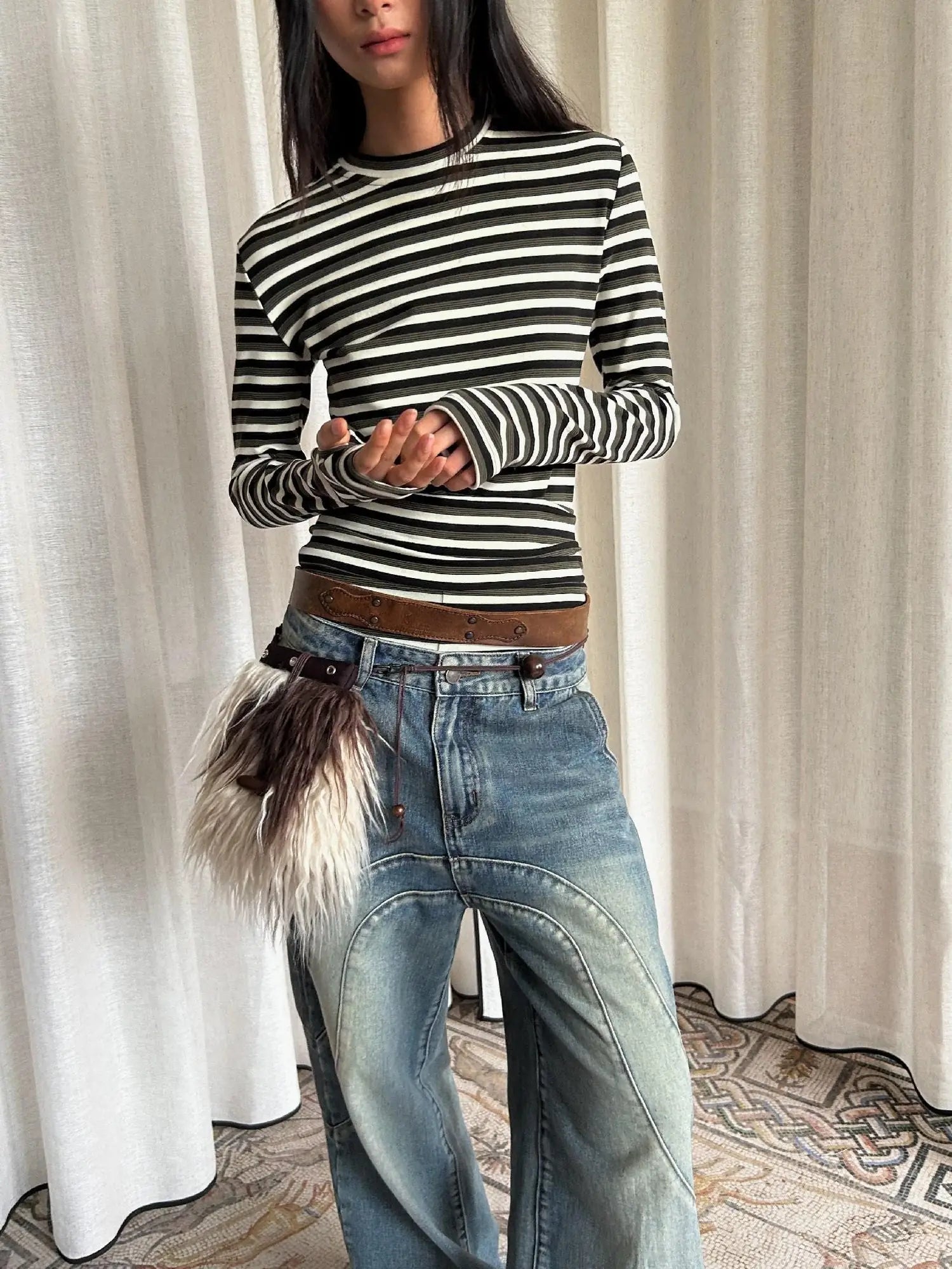 Vintage Wash Split Hem Denim Jeans Mid Low Rise Relaxed Straight