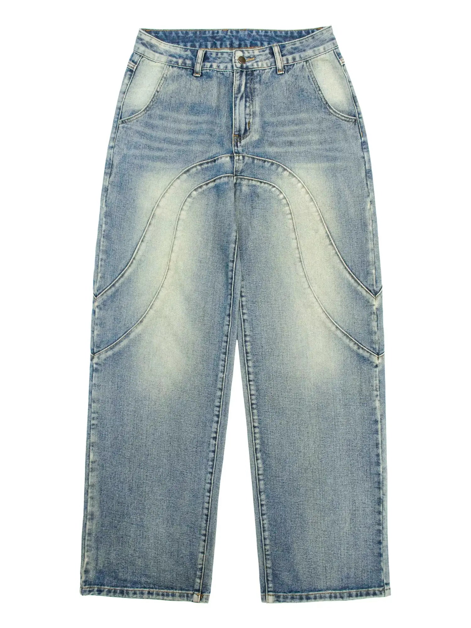 Vintage Wash Split Hem Denim Jeans Mid Low Rise Relaxed Straight