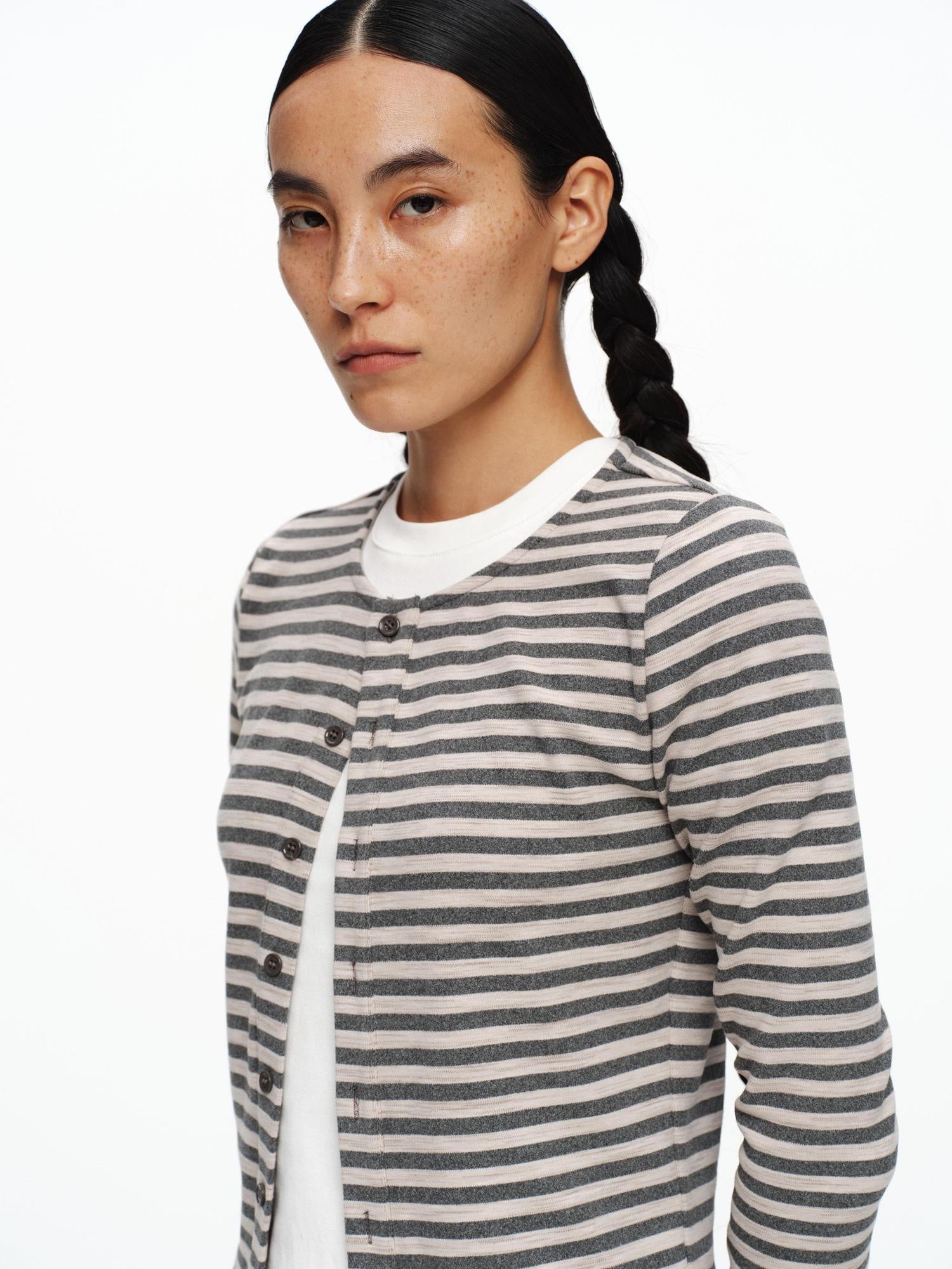 oinimi Warm Brushed Soft Striped Slim Fit Cropped Women Polyester Blend Cardigans