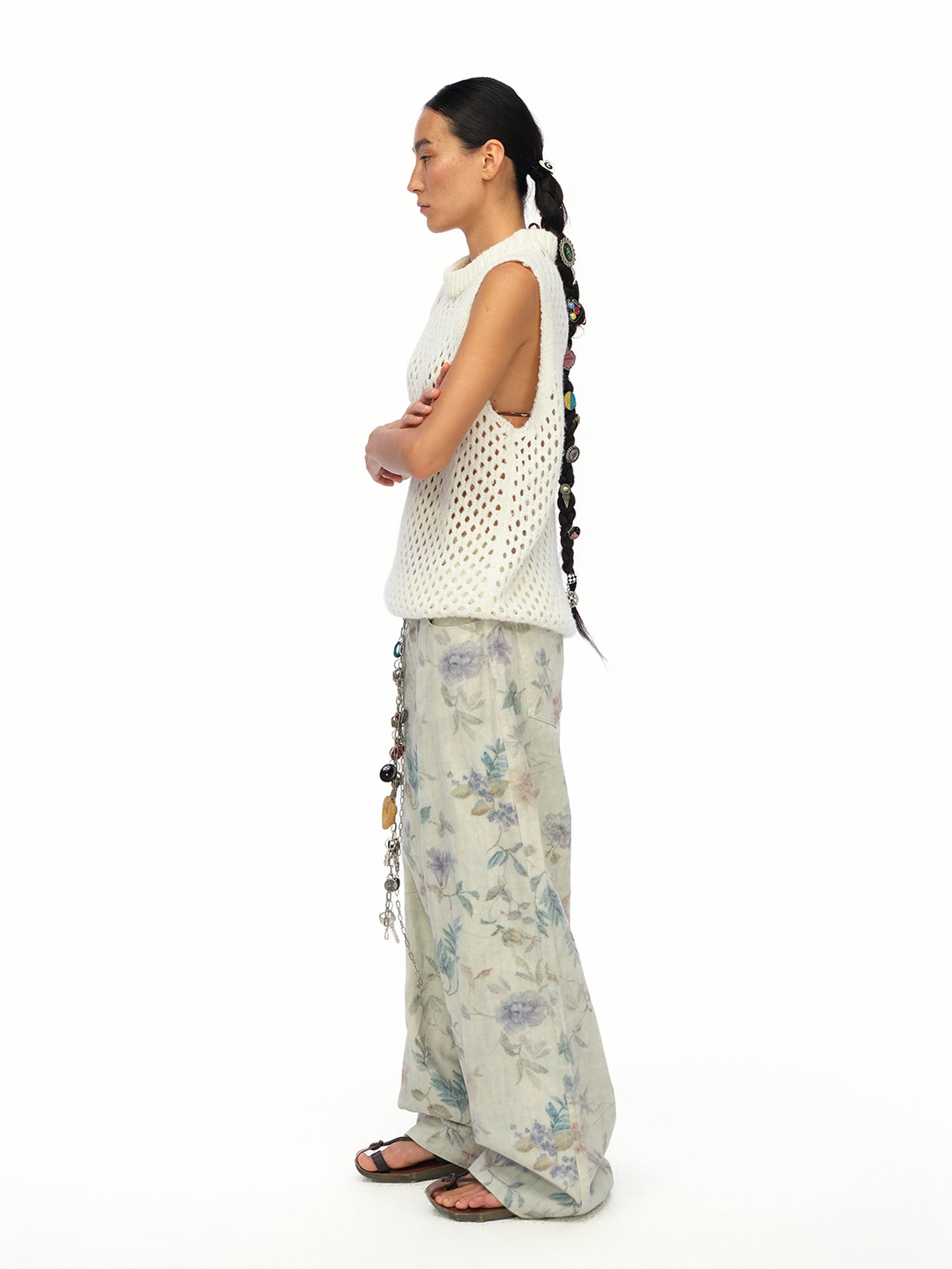 oinimi Washed Wide Leg Jeans with Botanical Print Mid Low Waist Casual Trousers