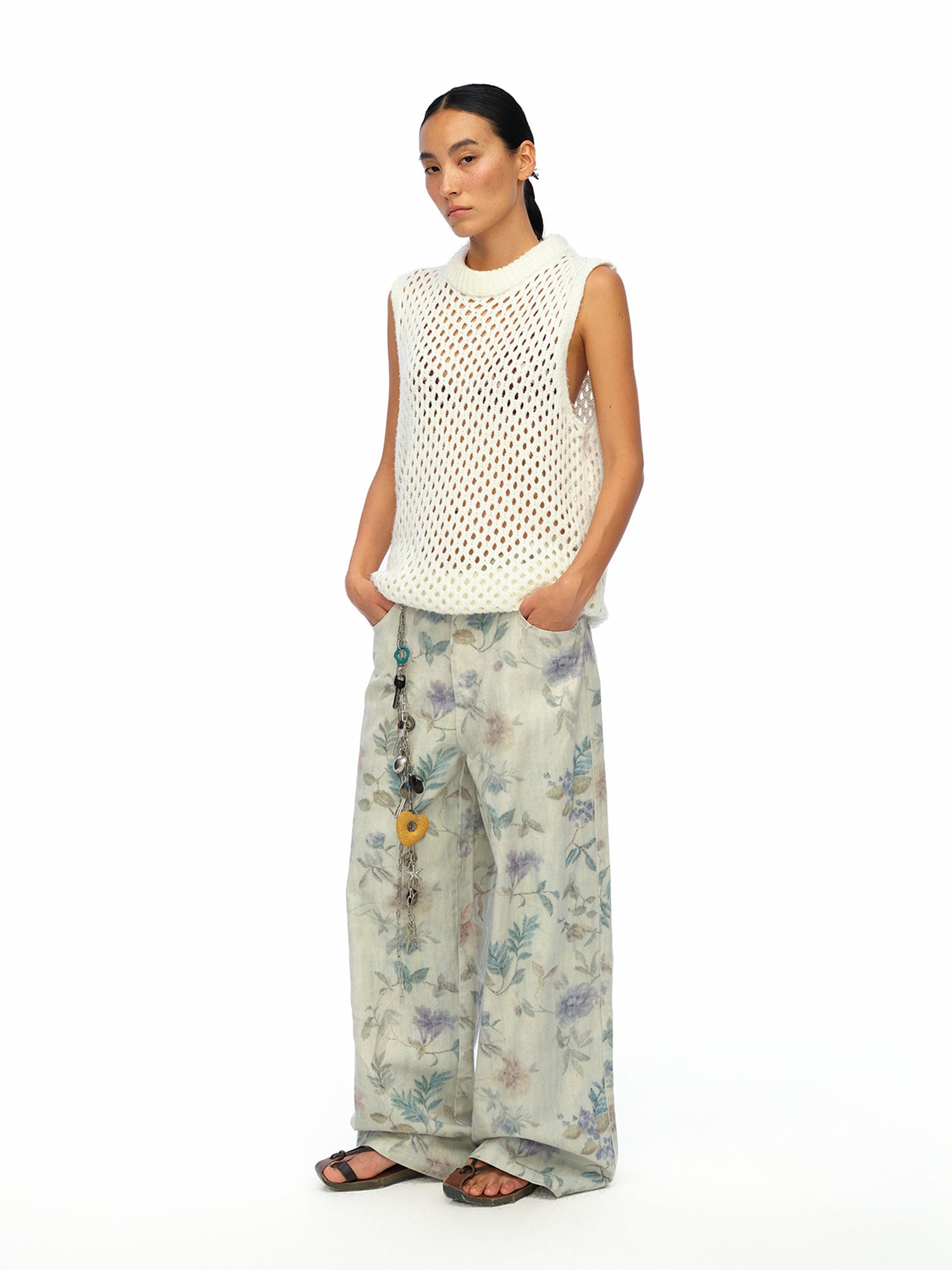 oinimi Washed Wide Leg Jeans with Botanical Print Mid Low Waist Casual Trousers