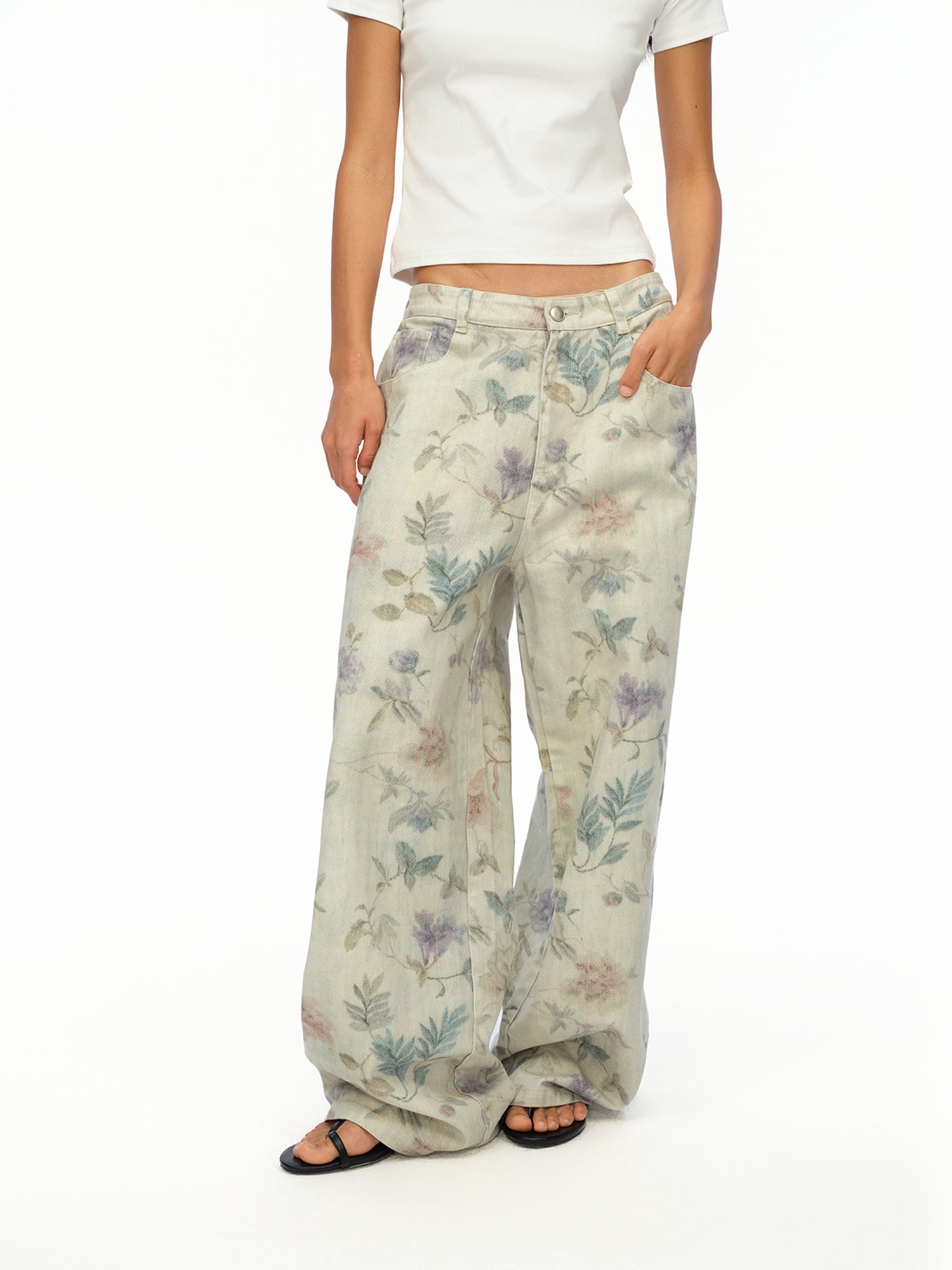 oinimi Washed Wide Leg Jeans with Botanical Print Mid Low Waist Casual Trousers