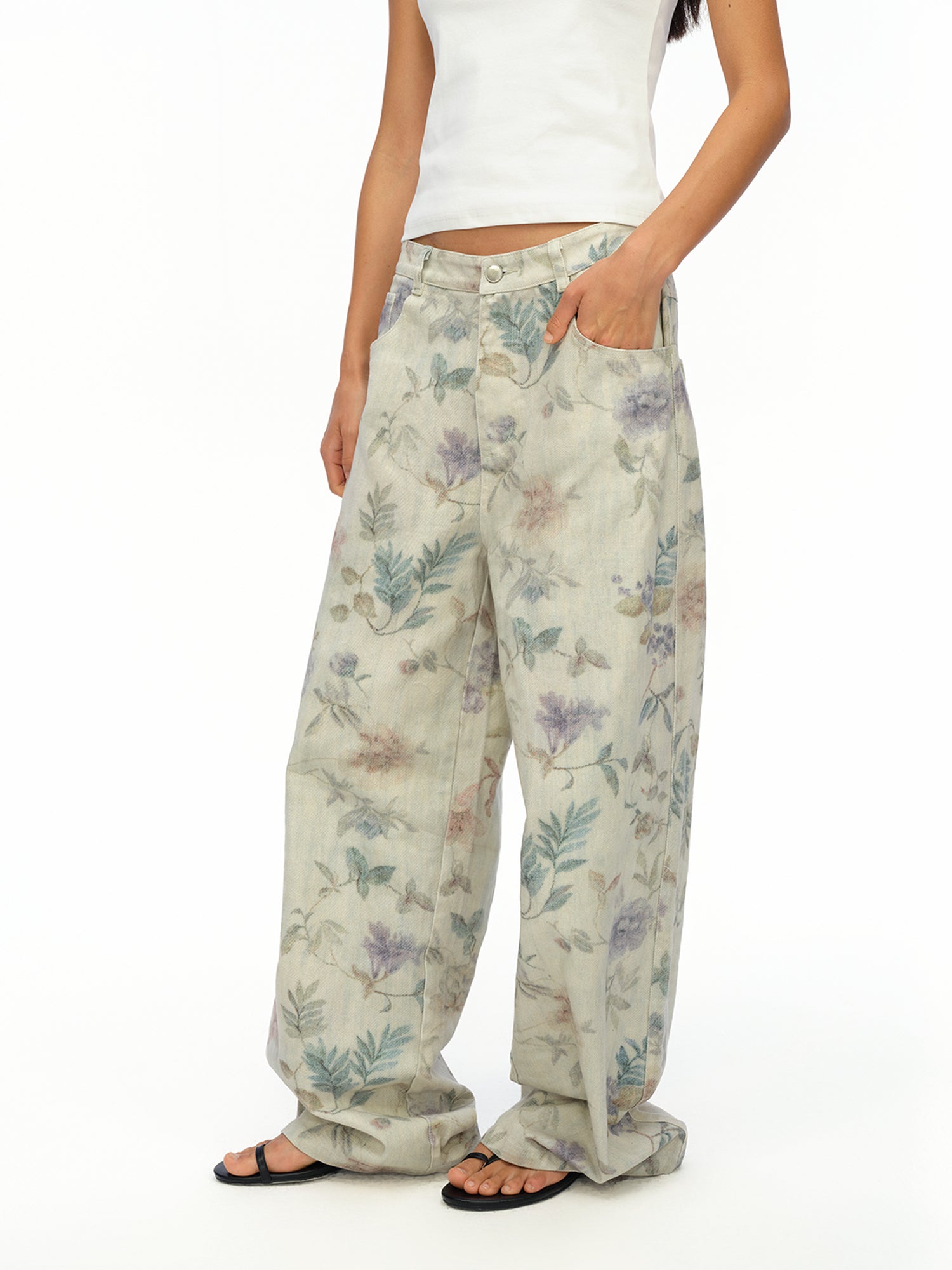 oinimi Washed Wide Leg Jeans with Botanical Print Mid Low Waist Casual Trousers