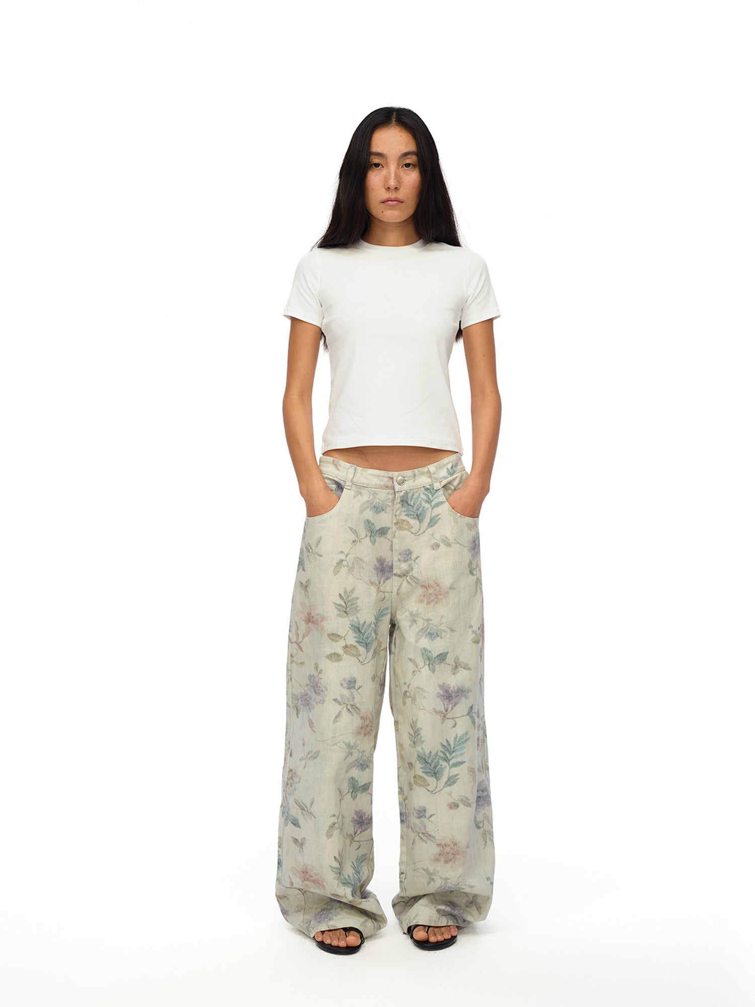oinimi Washed Wide Leg Jeans with Botanical Print Mid Low Waist Casual Trousers