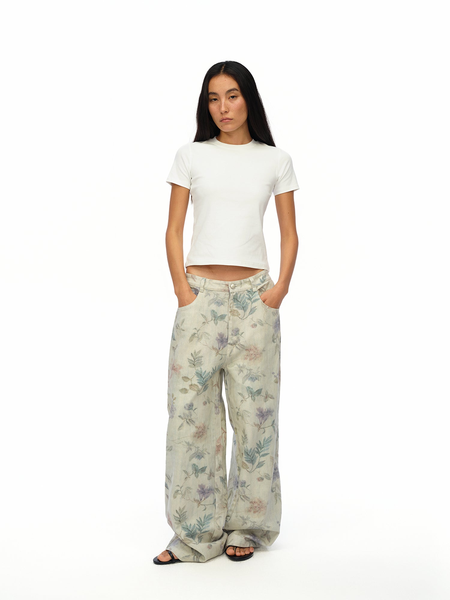oinimi Washed Wide Leg Jeans with Botanical Print Mid Low Waist Casual Trousers