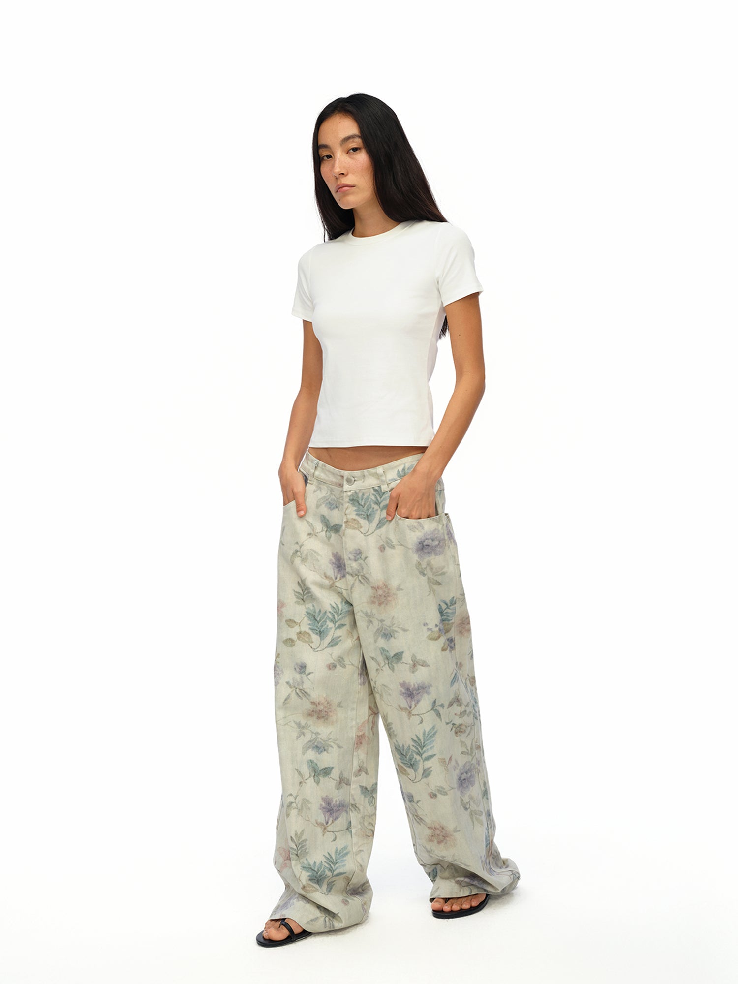 oinimi Washed Wide Leg Jeans with Botanical Print Mid Low Waist Casual Trousers