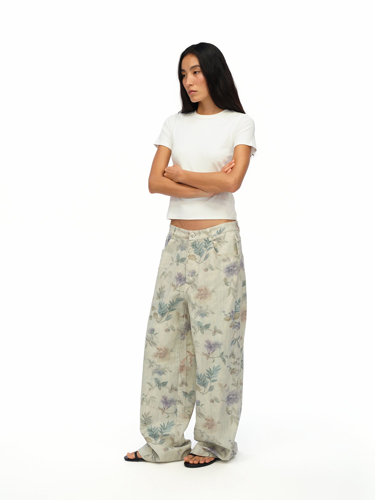 oinimi Washed Wide Leg Jeans with Botanical Print Mid Low Waist Casual Trousers