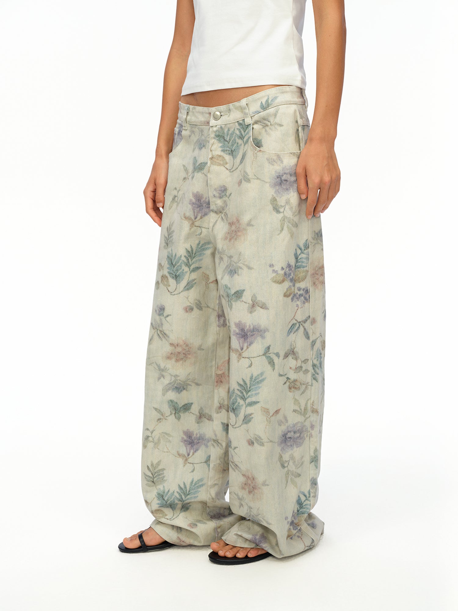 oinimi Washed Wide Leg Jeans with Botanical Print Mid Low Waist Casual Trousers