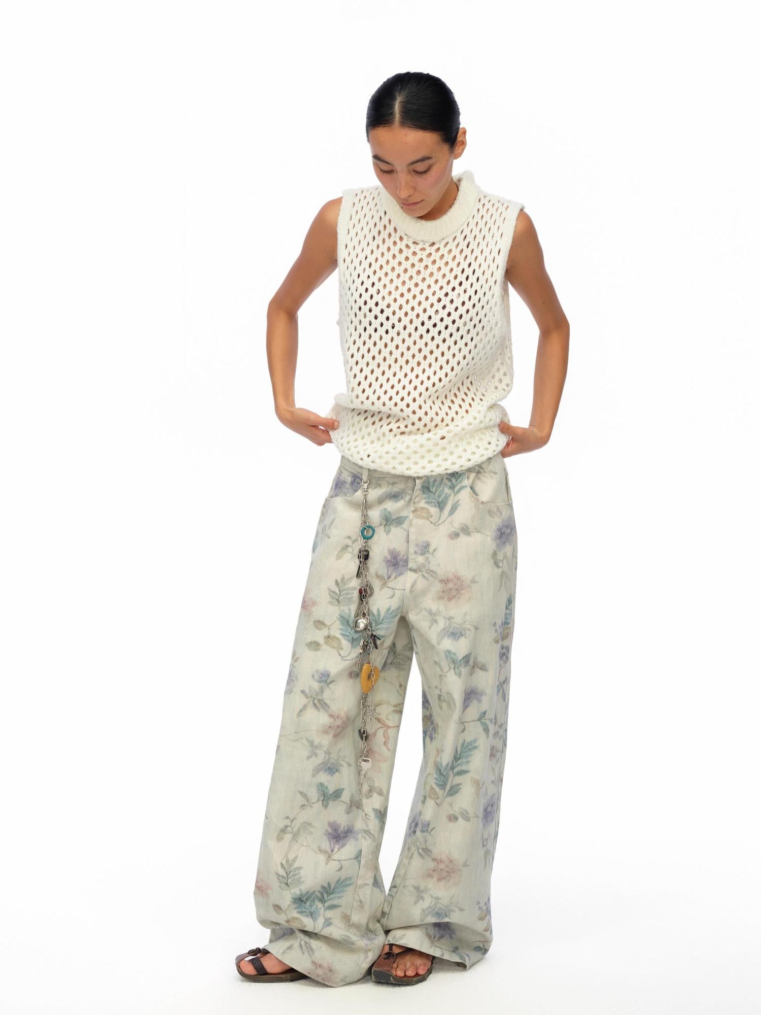oinimi Washed Wide Leg Jeans with Botanical Print Mid Low Waist Casual Trousers