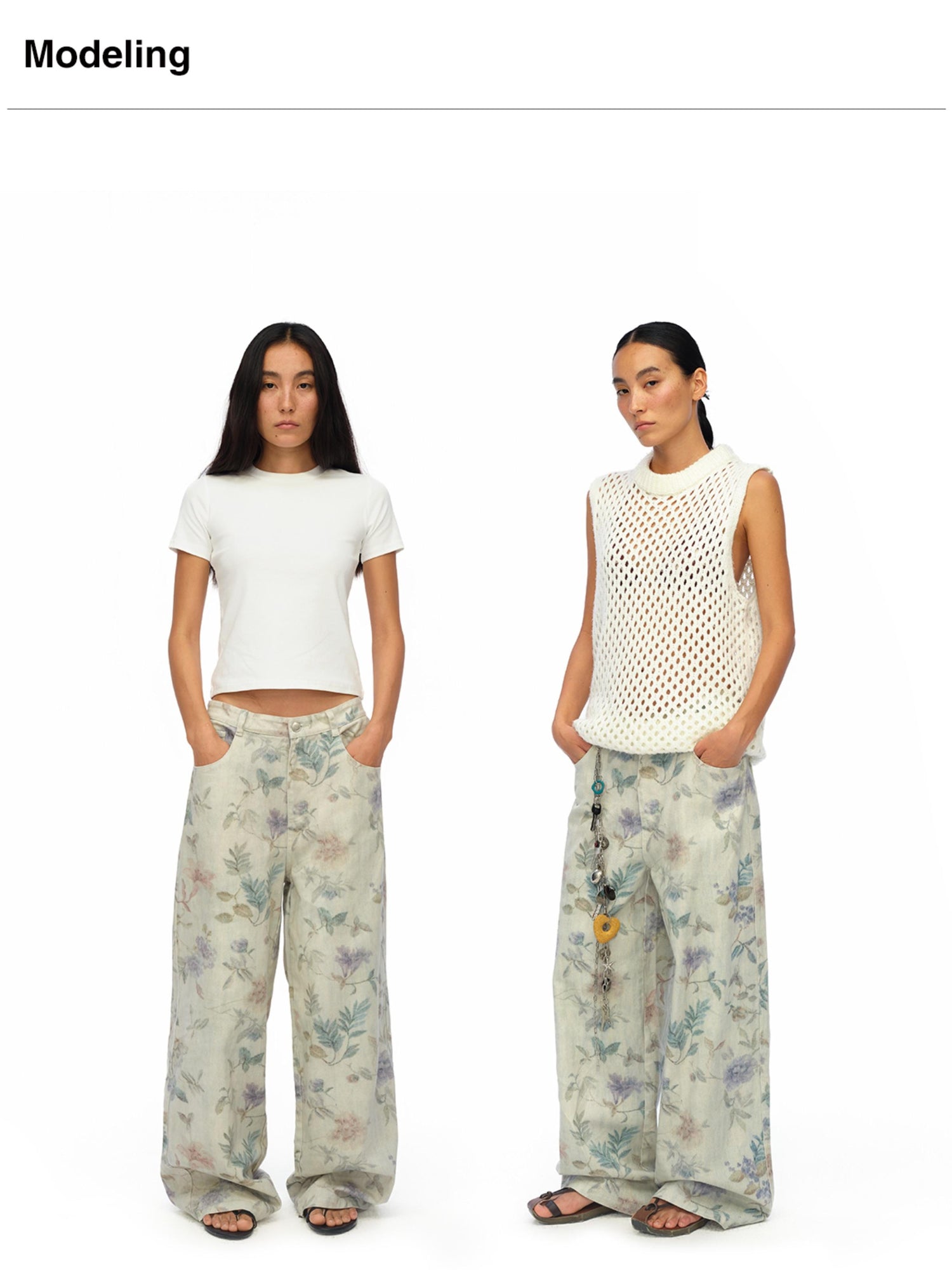 oinimi Washed Wide Leg Jeans with Botanical Print Mid Low Waist Casual Trousers