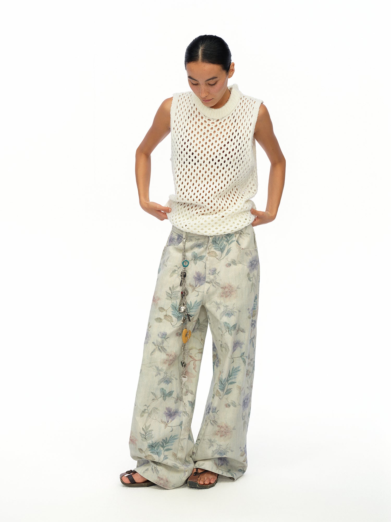 oinimi Washed Wide Leg Jeans with Botanical Print Mid Low Waist Casual Trousers