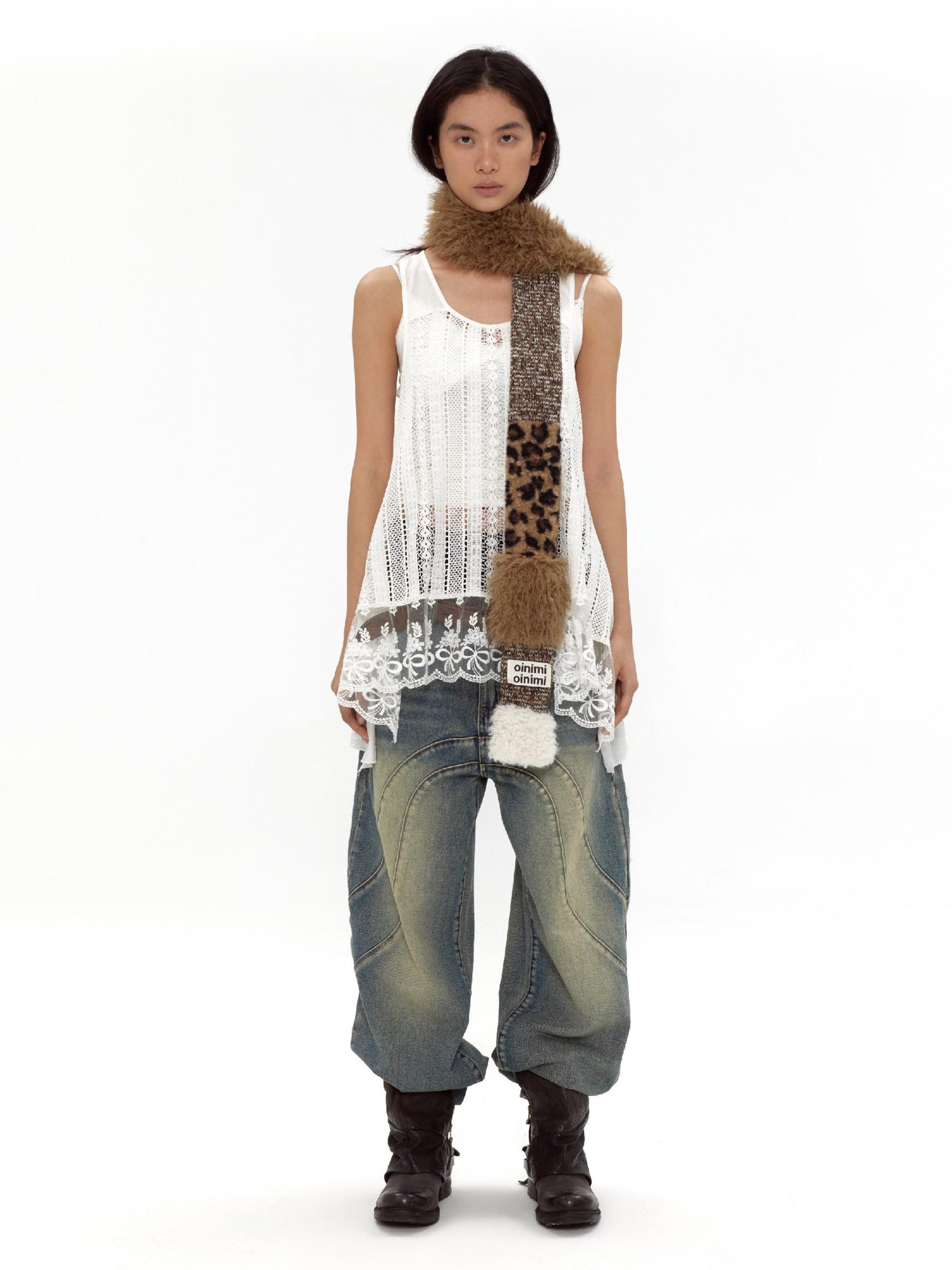 oinimi White Lace Bralette Layering Vest With Bow