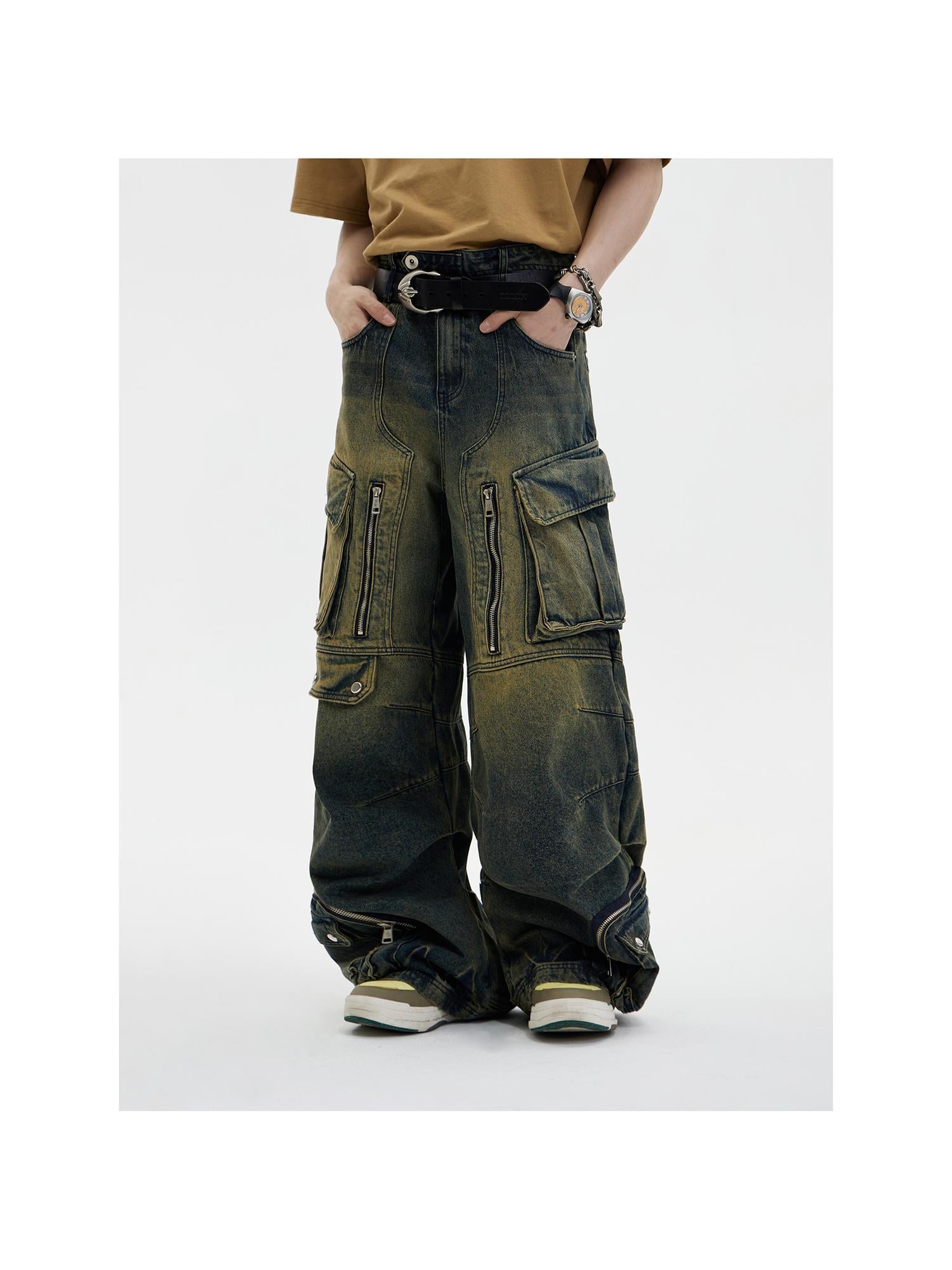 Peoplesense Vintage Utility Cargo Jeans Unisex Wide Leg Trousers