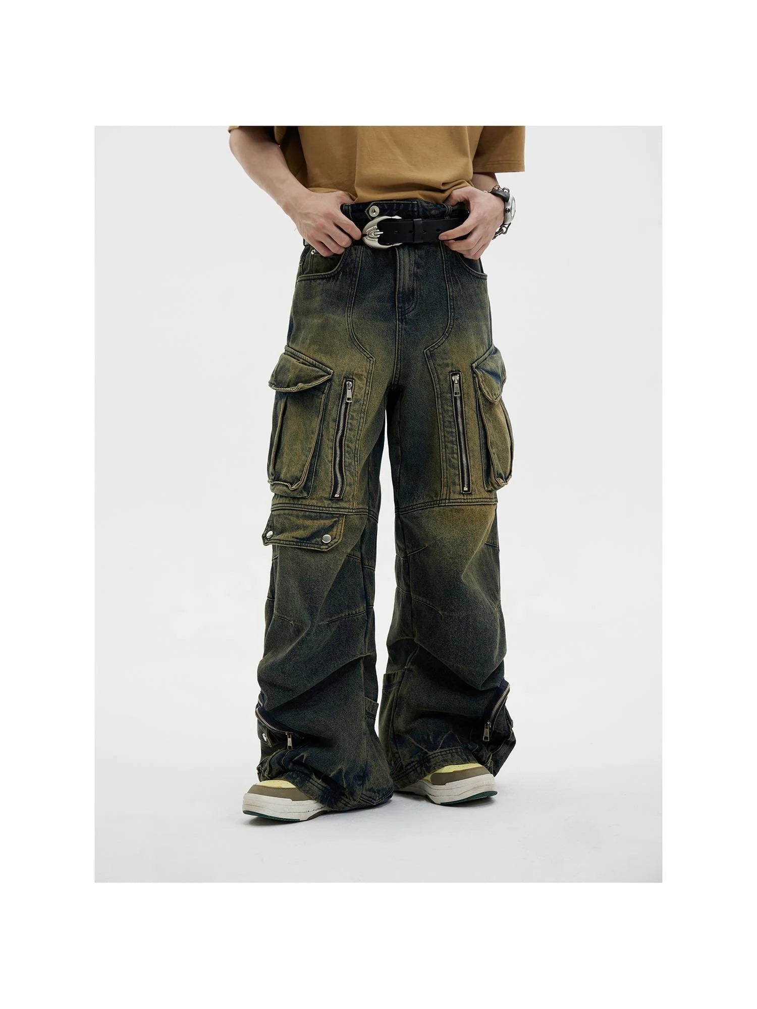 Vintage Industrial Washed Wide Leg Cargo Jeans
