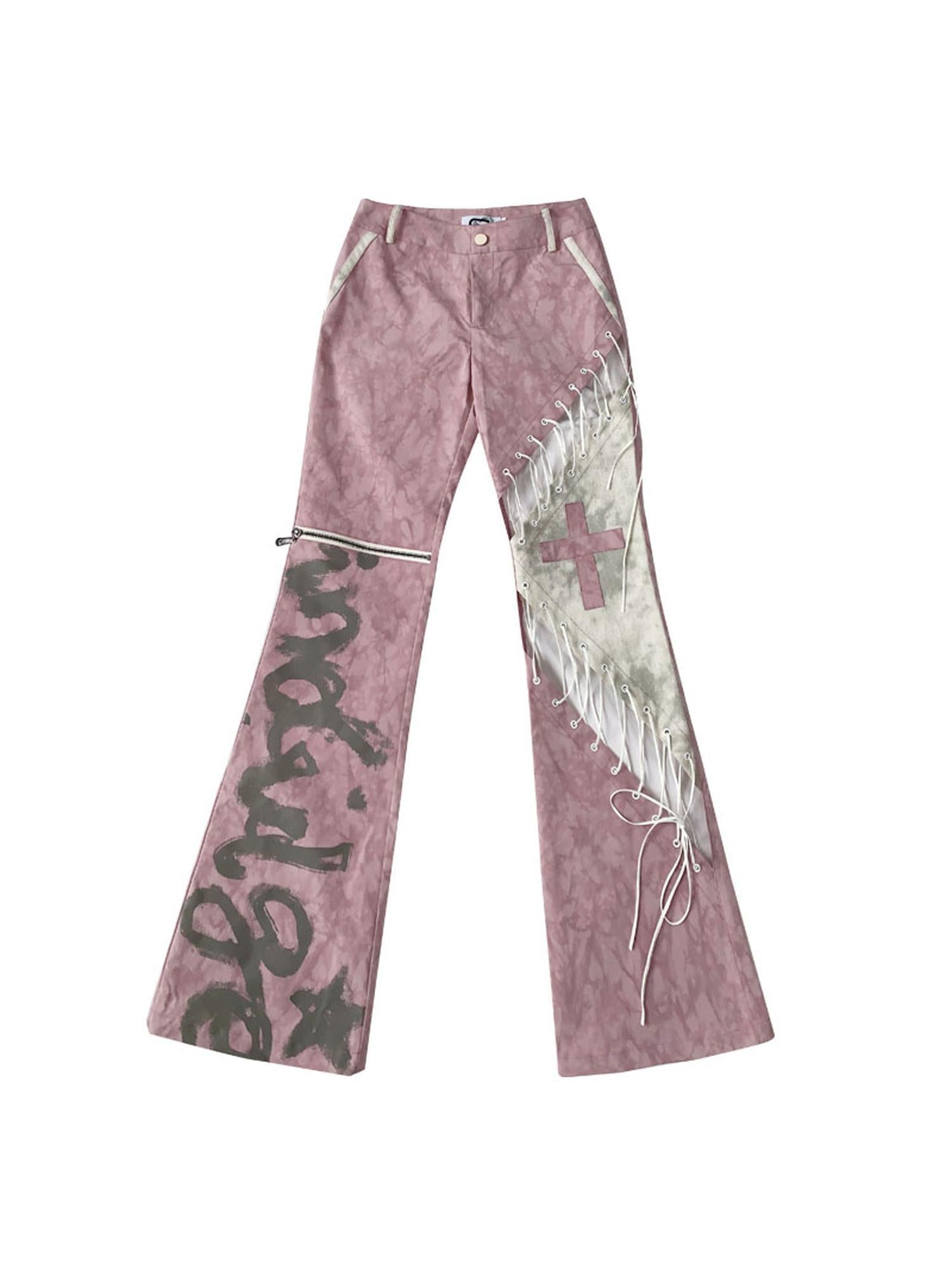 WSW WUSHENWU Gray Pink Plaid Cut Out Tie Waist Slim Fit Pants