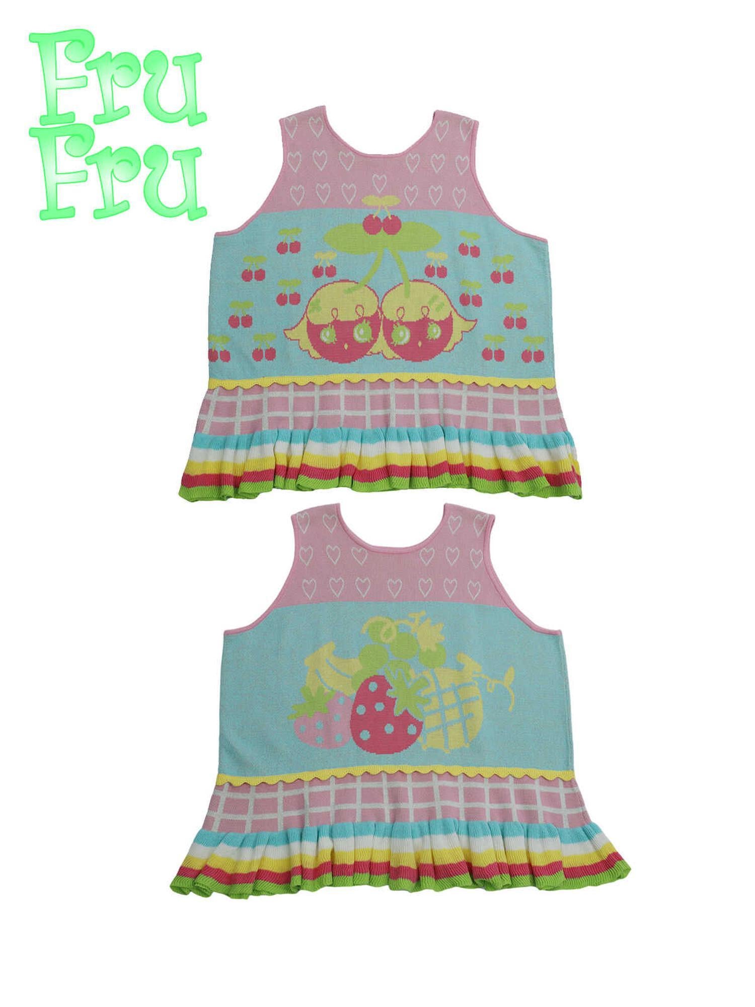 Frufru Gulu Autumn Contrast Fruit Girl Pink Green Knit Sweater Vest