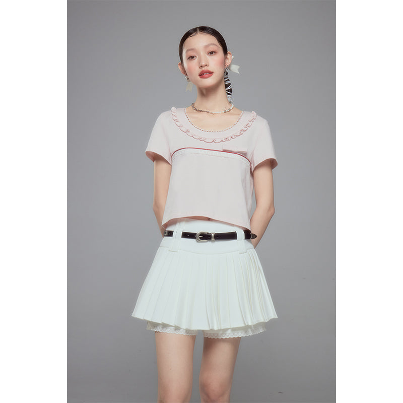 DIDDI MODA Colorblock Lace Collar Knit Crop Tee