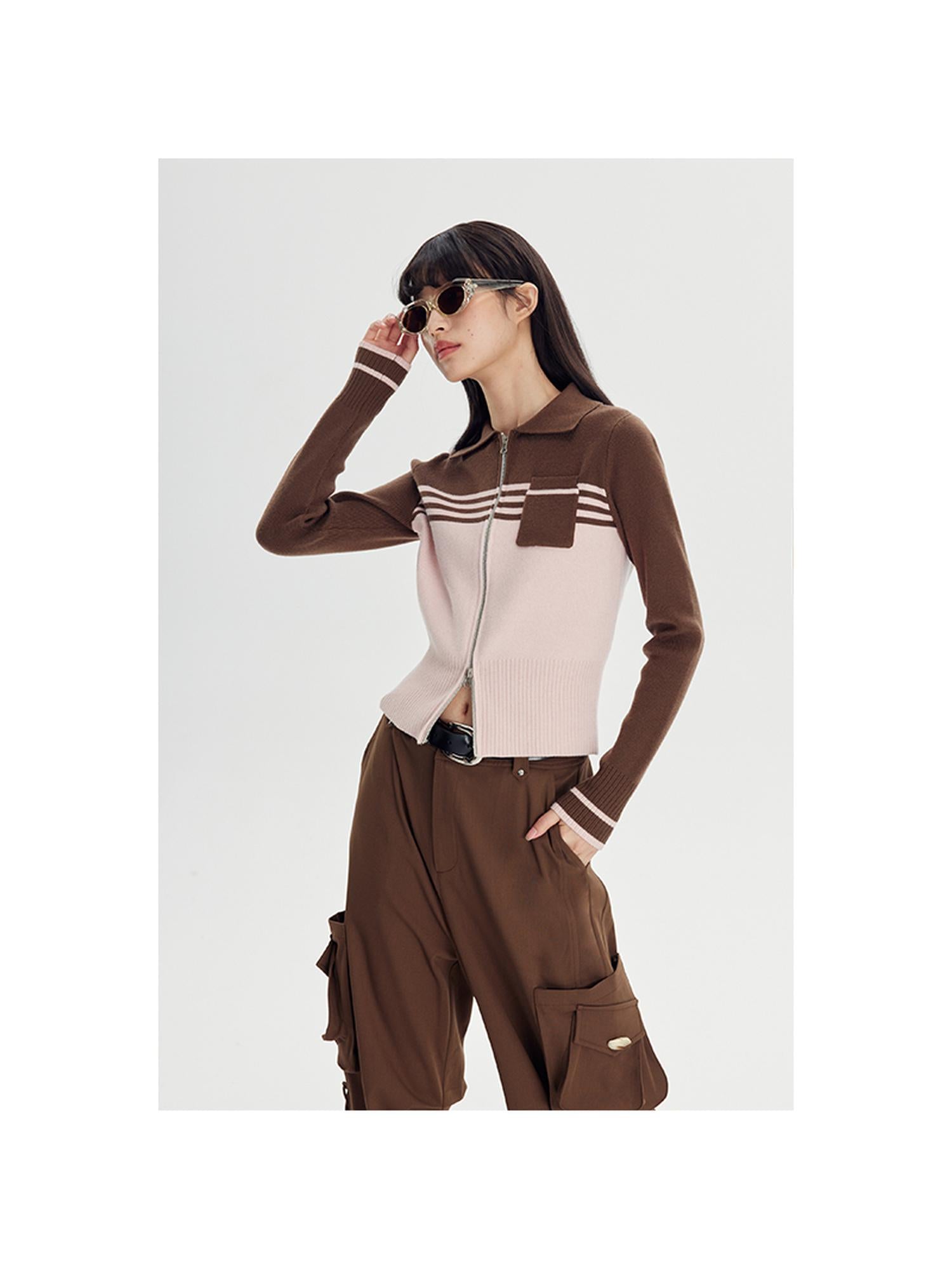 DIDDI MODA Retro Dual Zip Colorblock Knit Sweater