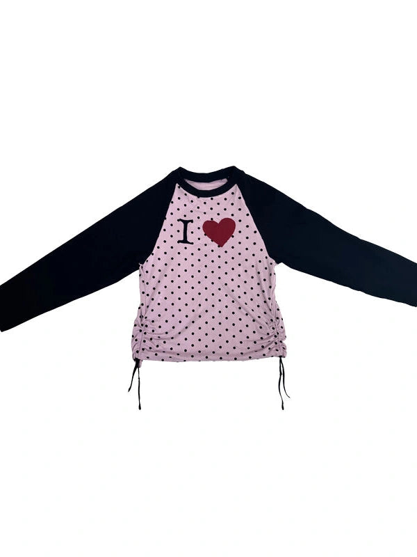 Color Block Raglan Long Sleeve Dot Print I Love T-Shirt
