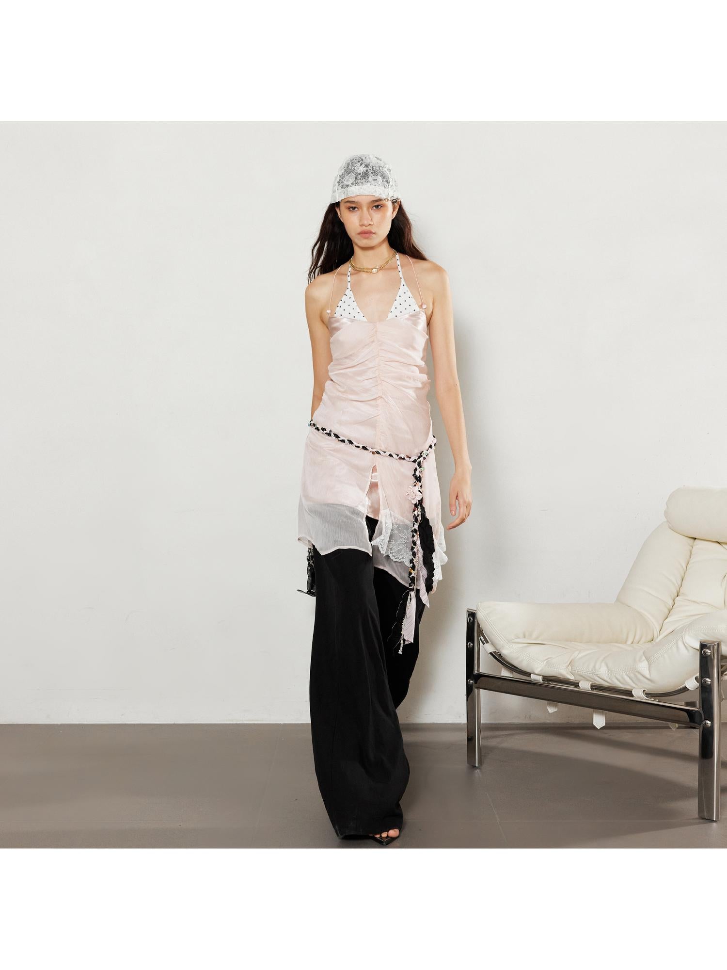 2th Desire Satin Colorblock Dot Ruffled Beaded Lace Trim Halter Dresses
