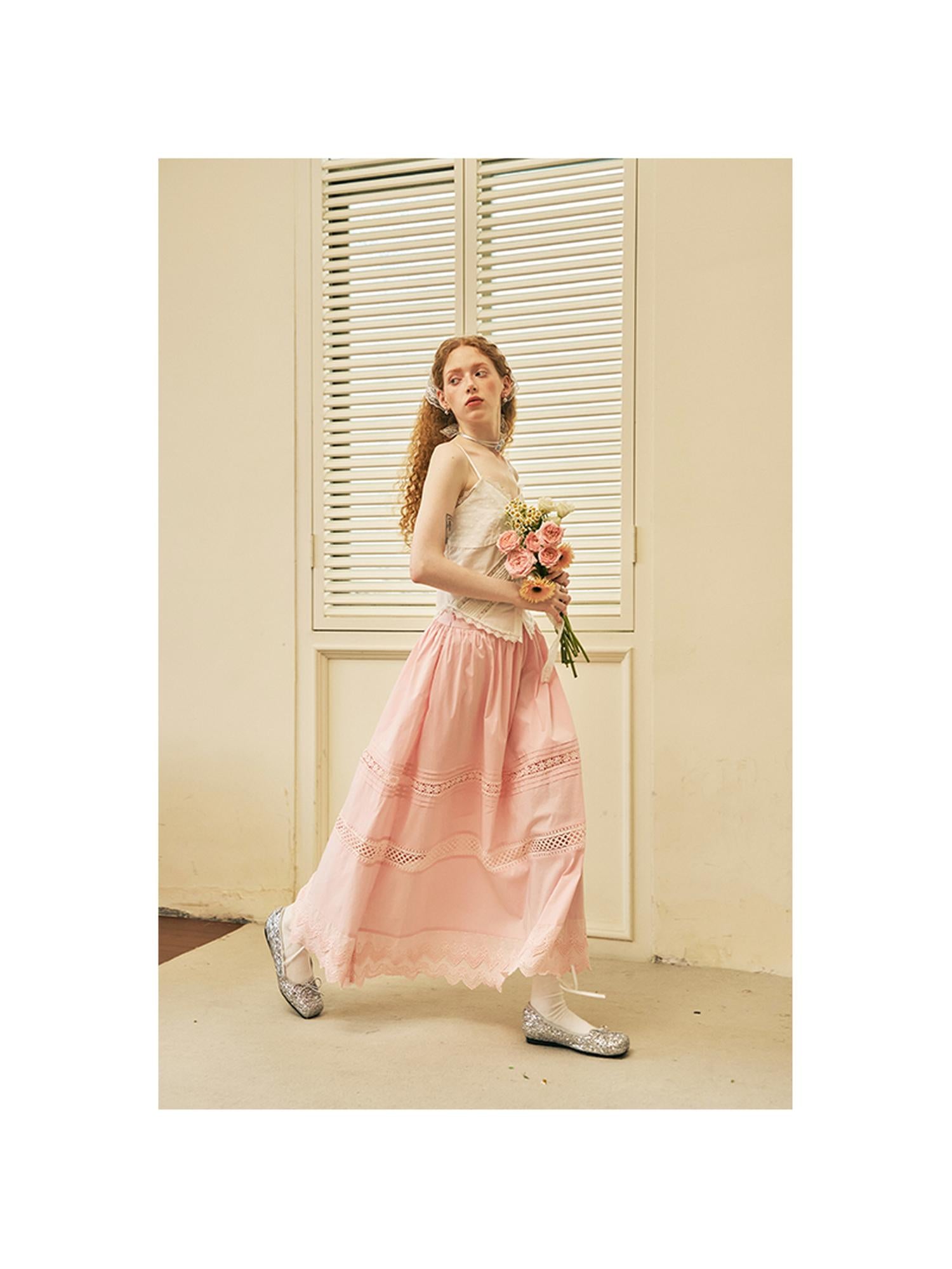 DIDDI MODA Lace Trimmed Floral Hollow Out Midi Skirt