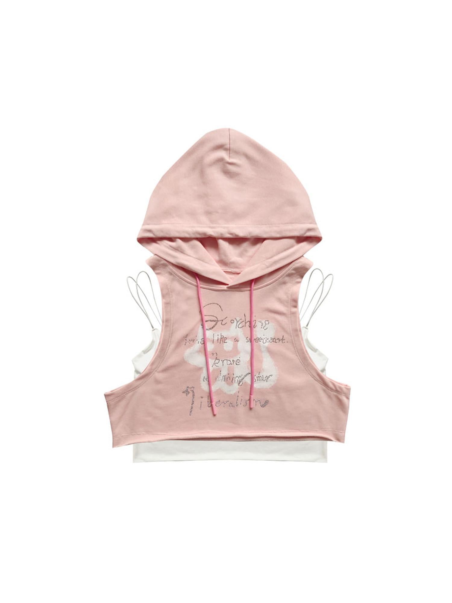 WSW WUSHENWU Pink & Blue Rhinestone Hooded Vest Two Piece Set
