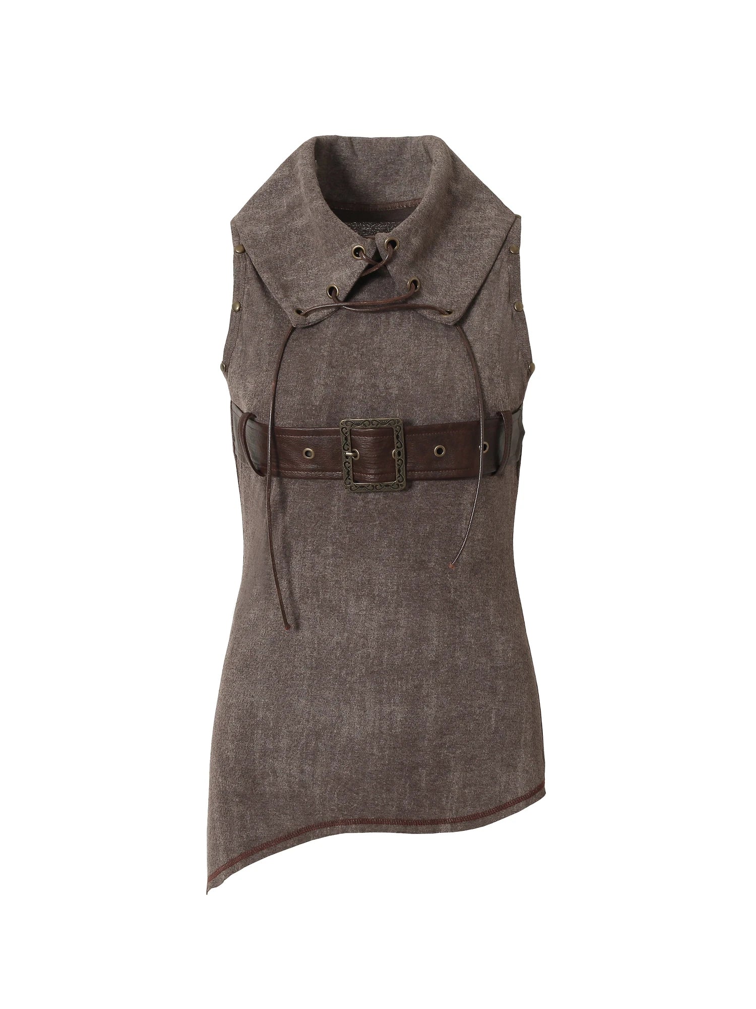 Punk Knit Sleeveless Top With Belt & Lapel Design T-Shirt