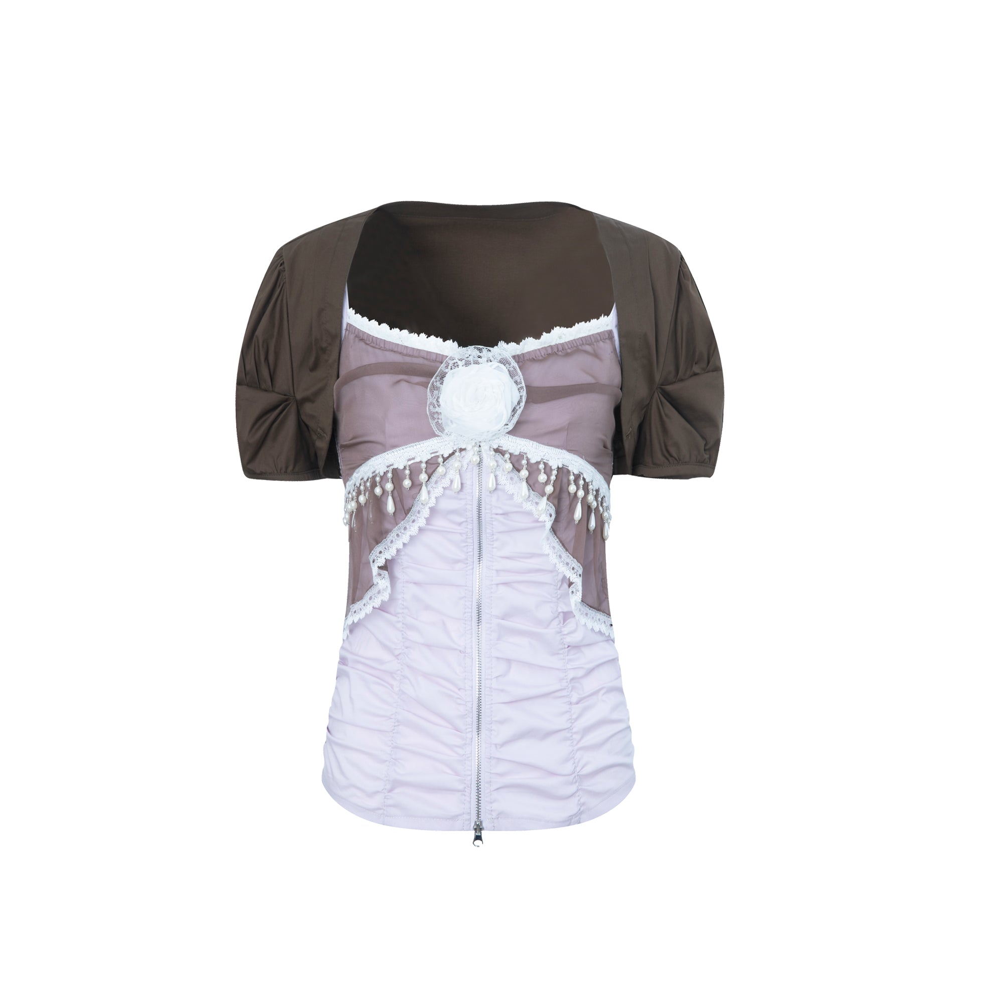 Doublepunch Princess Sleeve Chiffon Lace Blouse & Camisole 2-Piece Set