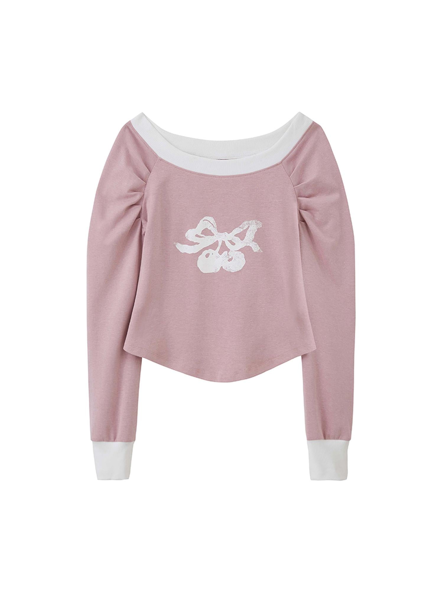 DIDDI MODA Cherry Bow Pleated Off Shoulder Sweatshirt