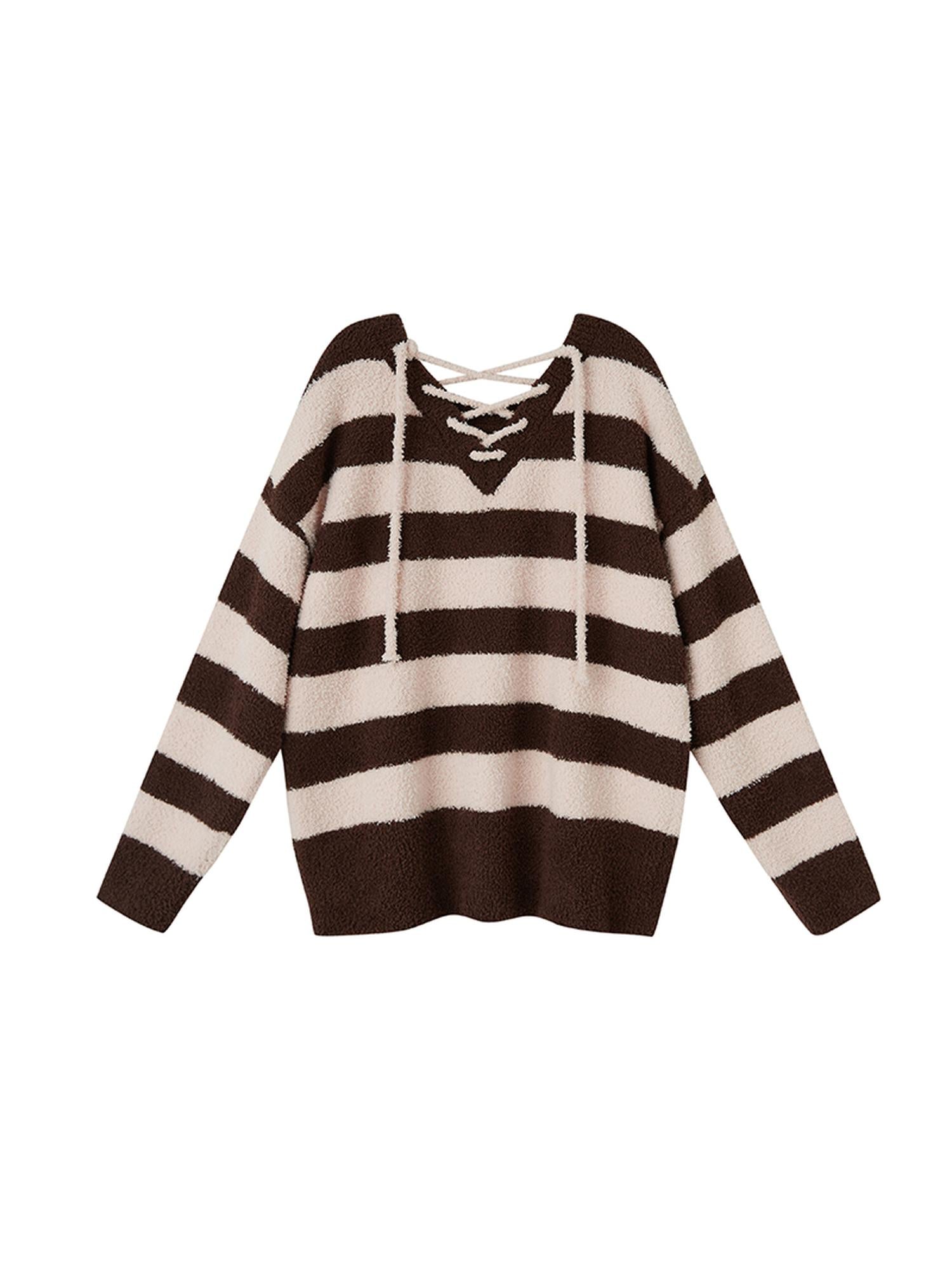 DIDDI MODA Lazy V Striped Knit Tie Front Sweater